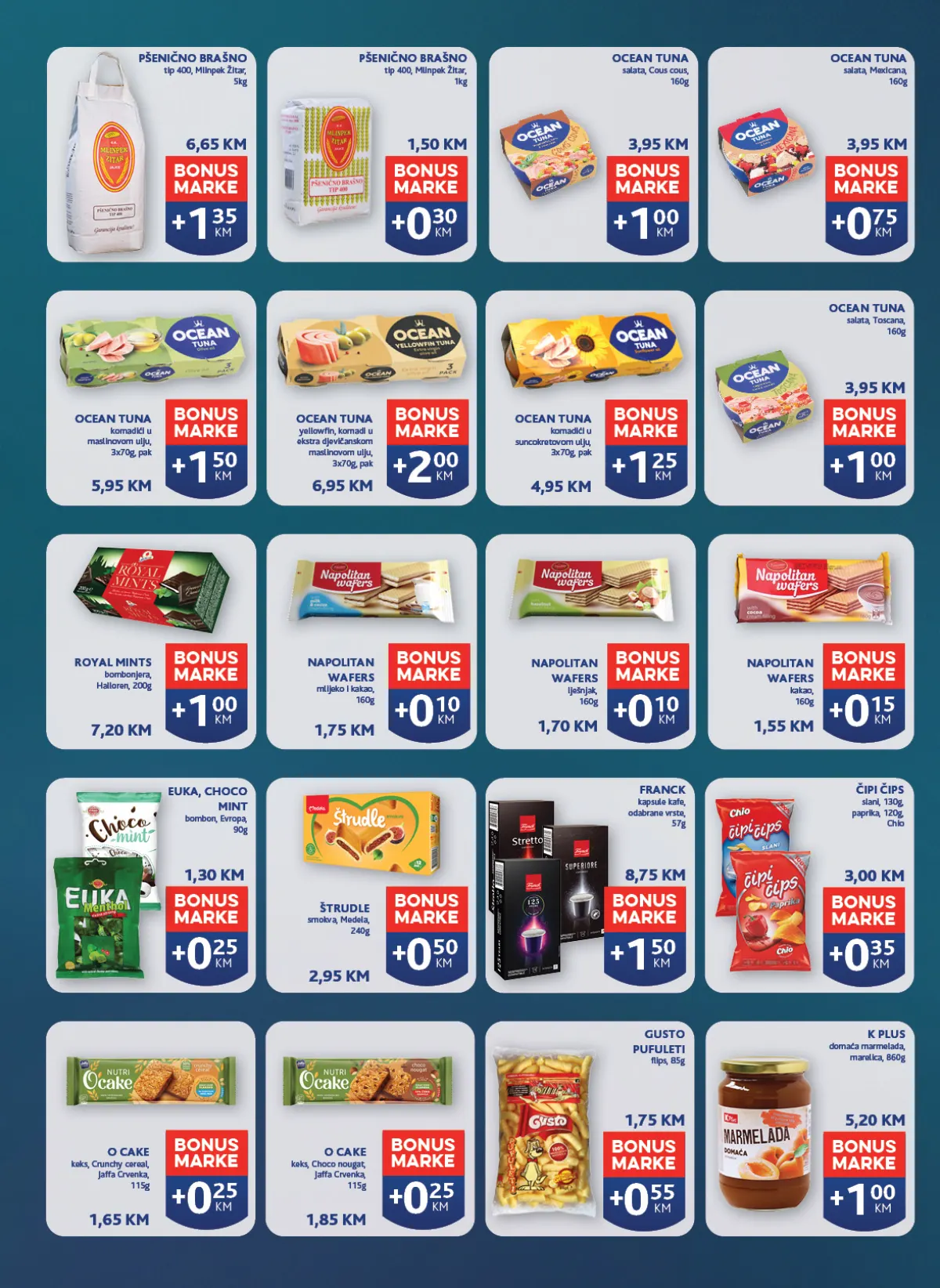 Konzum i Mercator Pika BONUS ponuda – brašno, Ocean Tuna, Franck kafa, napolitanke, keksi i marmelada