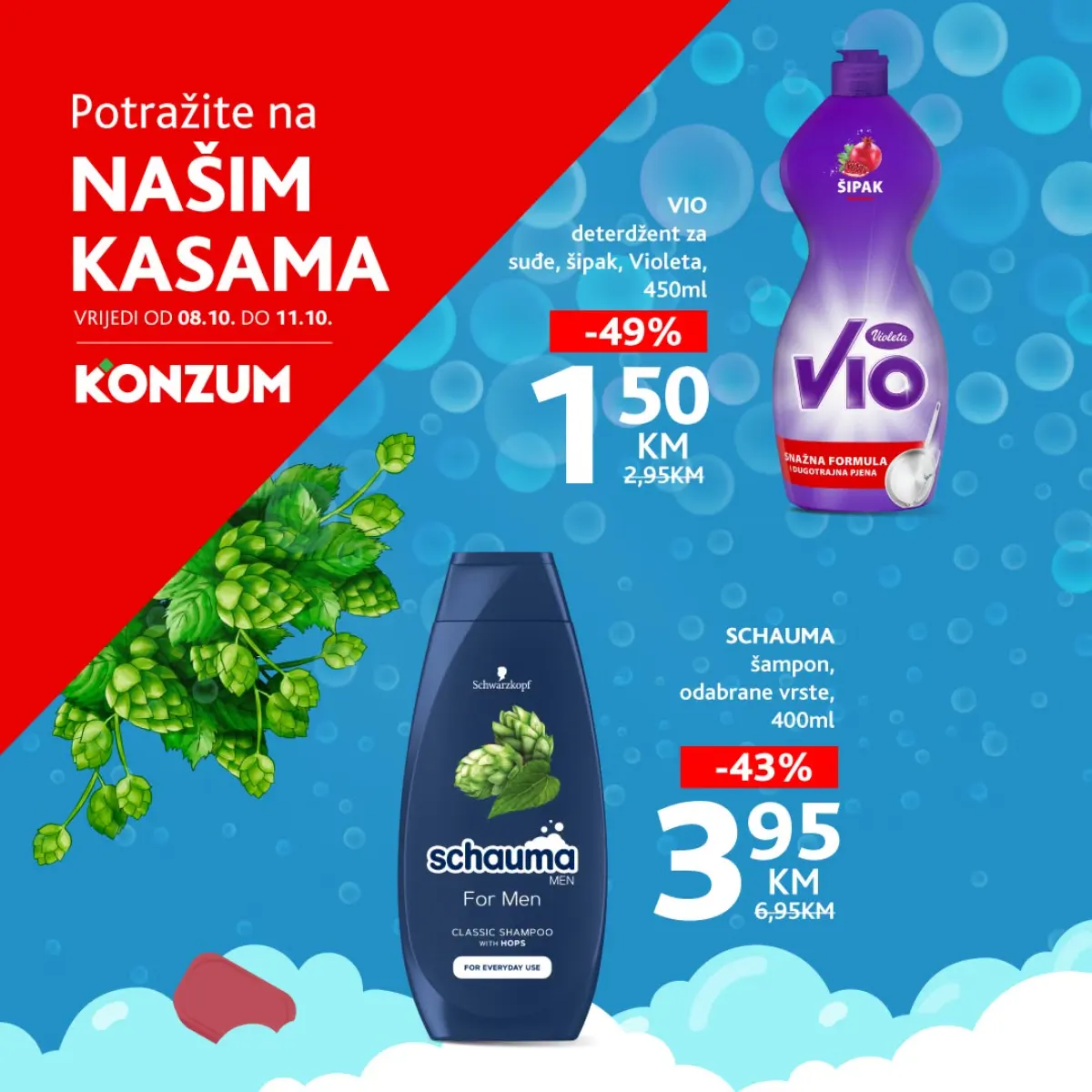Konzum ponuda na kasama od 08. do 11.10.2026. – Vio deterdžent za suđe 450 ml za 1,50 KM i Schauma šampon 400 ml za 3,95 KM