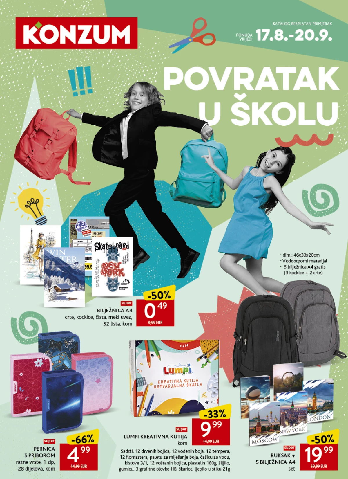 Konzum školski katalog od 17.08. do 20.09.2026. – ruksaci, pernice, bilježnice, školski pribor i kreativni setovi uz popuste do 70%