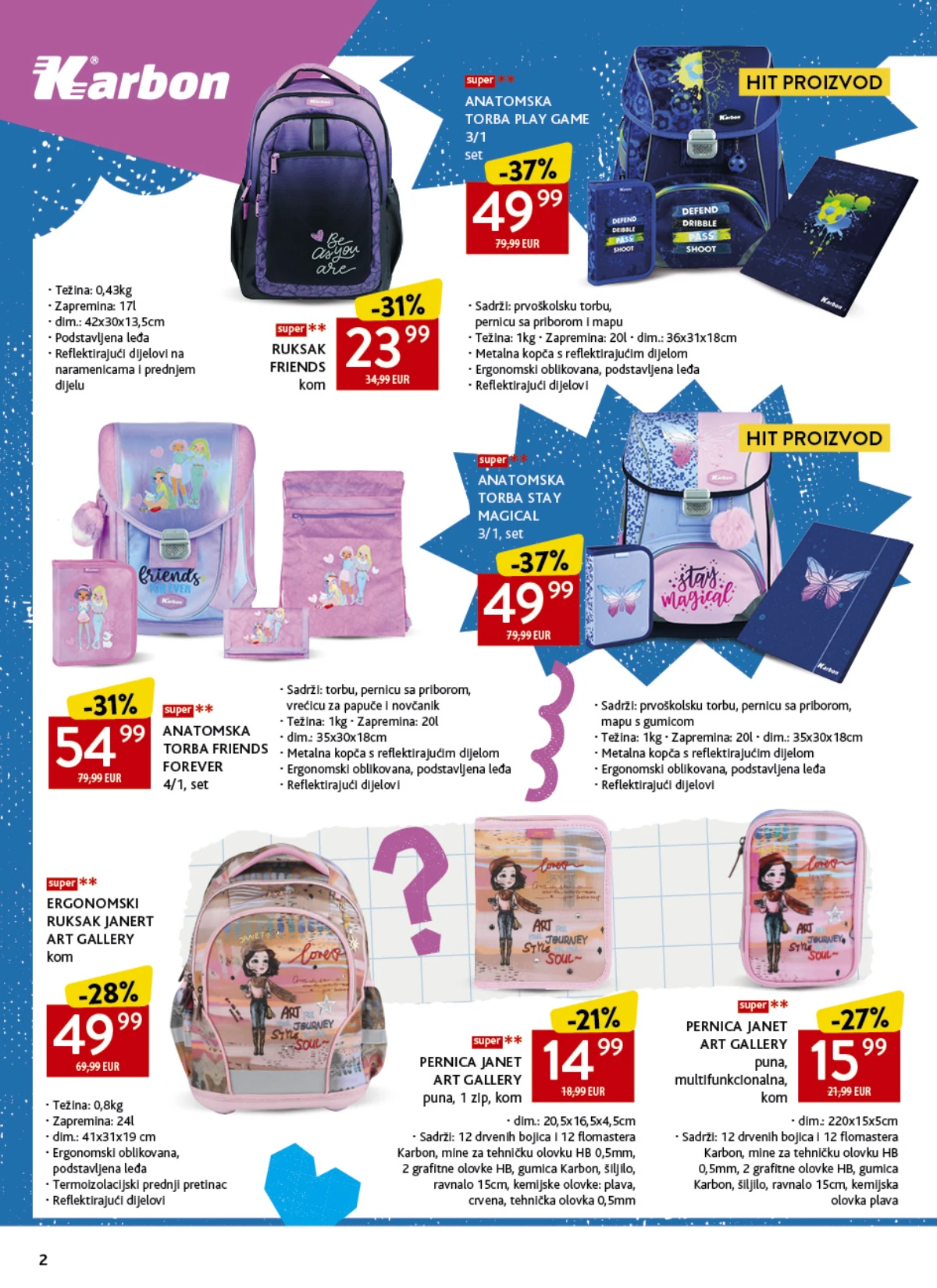 Konzum školski katalog strana 2 – Karbon anatomske torbe, ruksaci i pernice za školu
