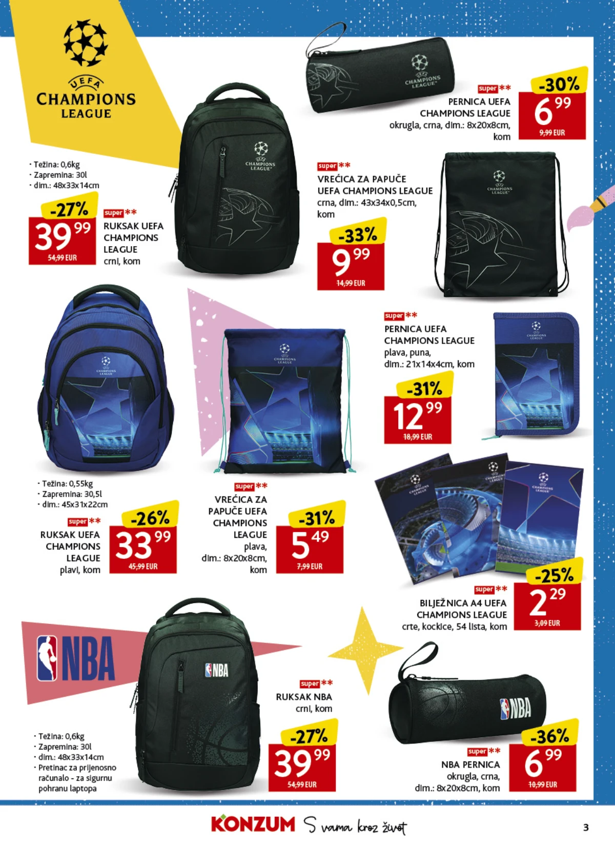 Konzum školski katalog strana 3 – UEFA Champions League i NBA ruksaci, pernice i školski pribor