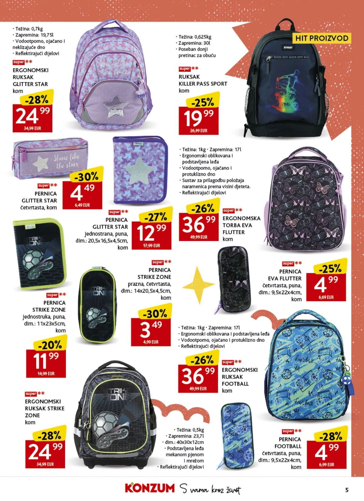 Konzum školski katalog strana 5 – ruksaci i pernice za dječake i djevojčice