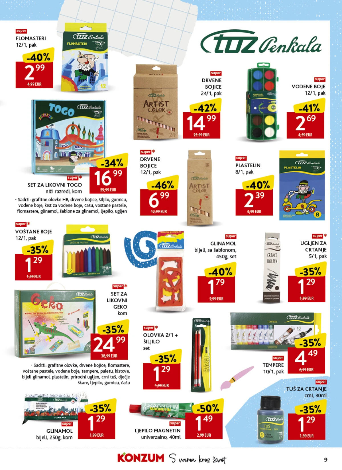 Konzum školski katalog strana 9 – TOZ Penkala bojice, flomasteri, tempere i pribor