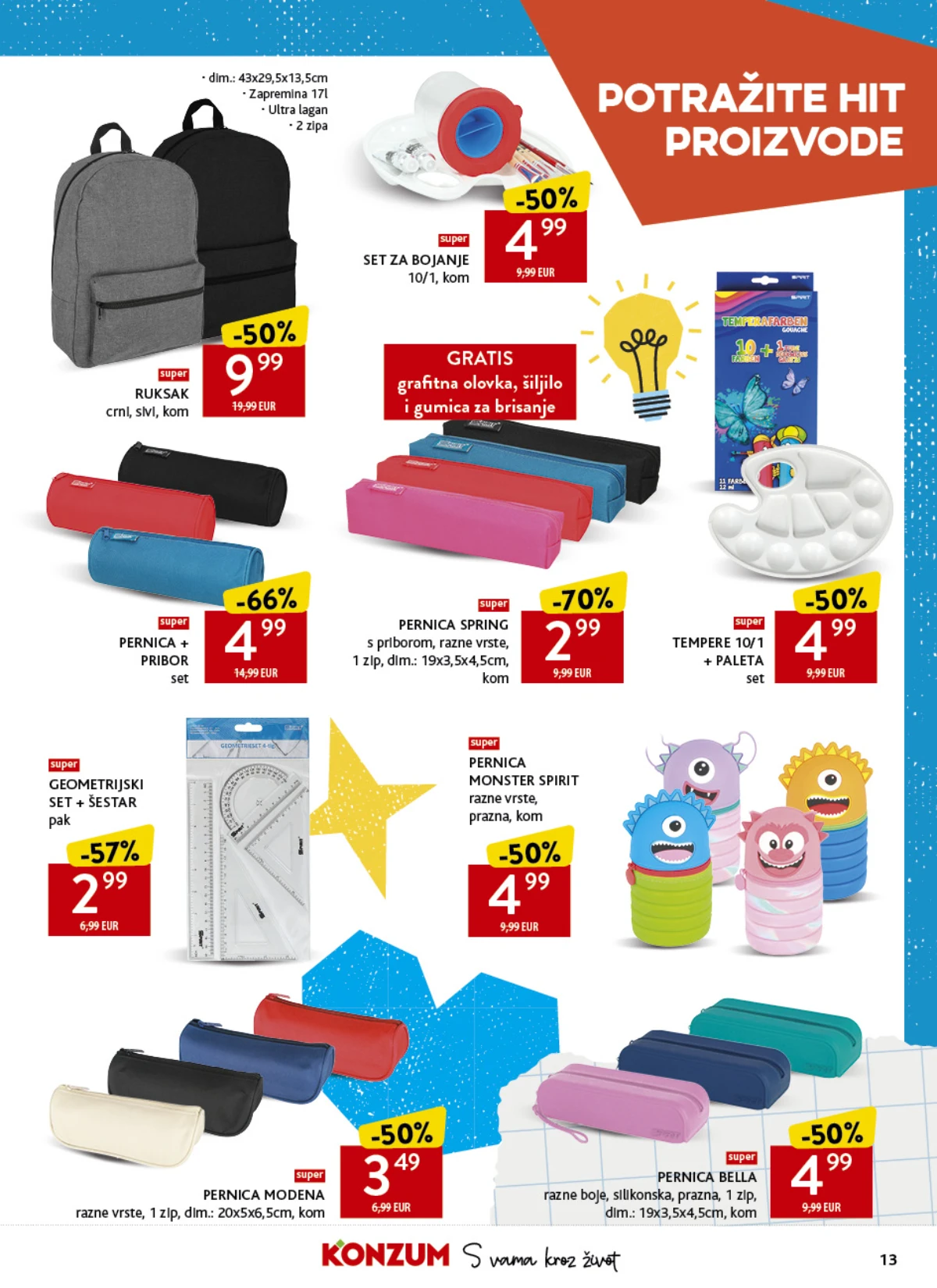Konzum školski katalog strana 13 – ruksaci, pernice, tempere i geometrijski pribor uz velika sniženja