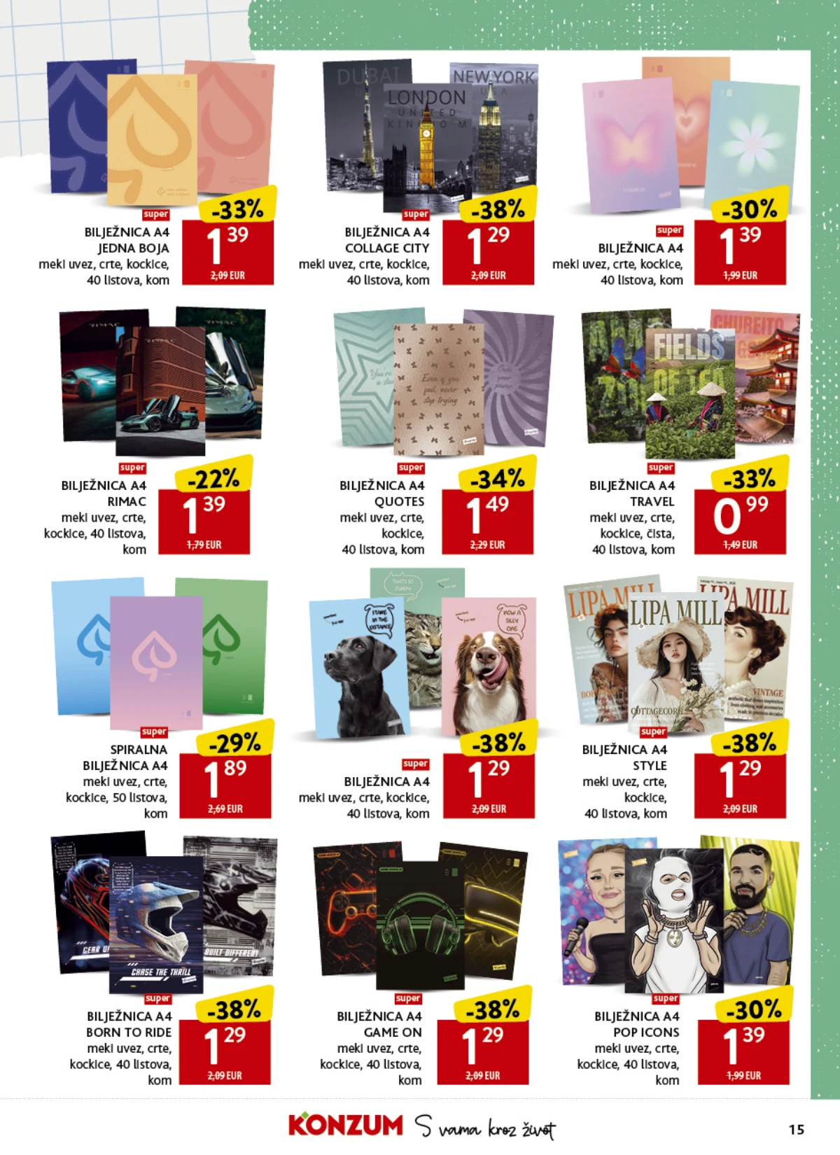 Konzum školski katalog strana 15 – A4 bilježnice različitih motiva i dizajna