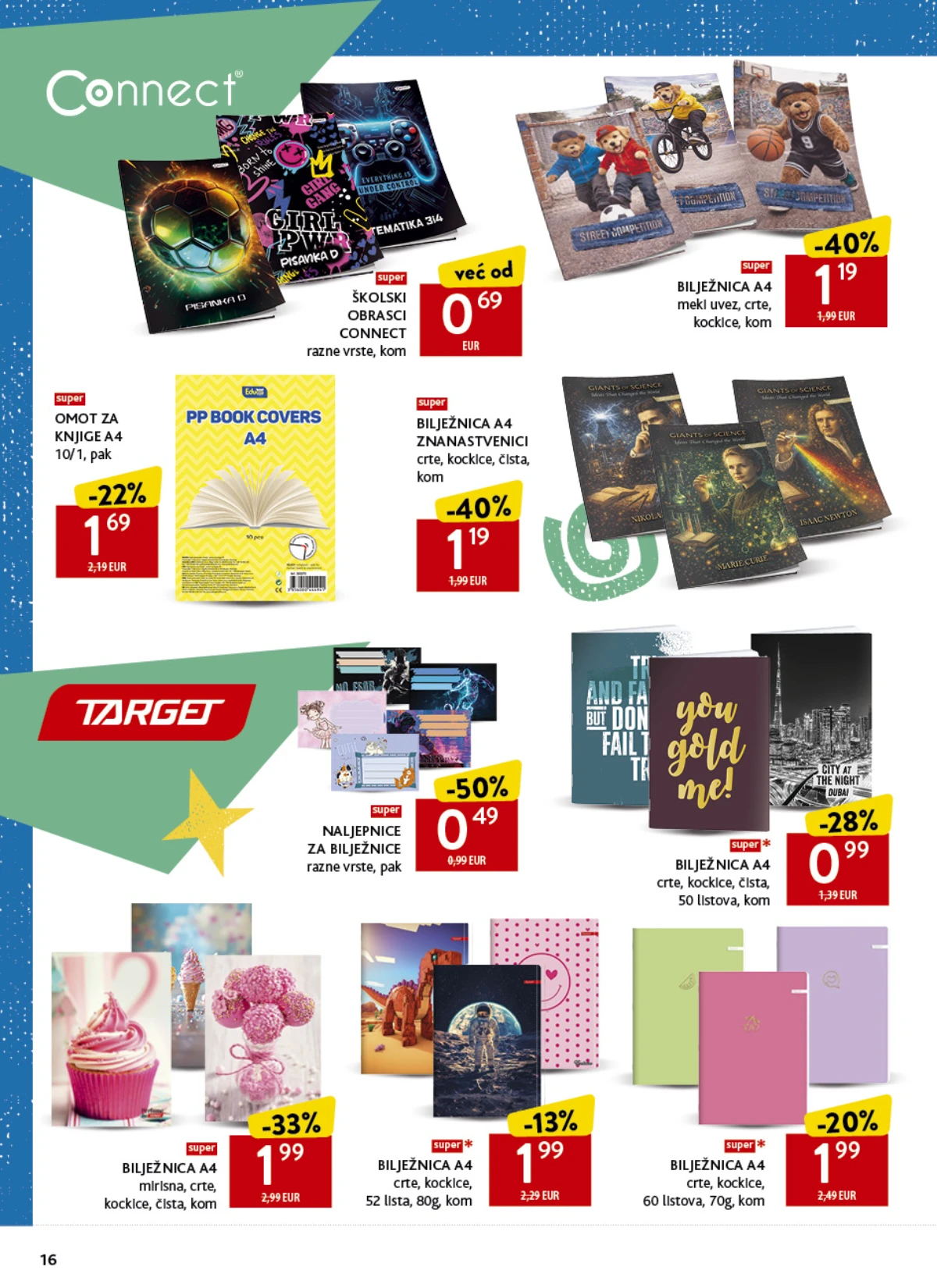 Konzum školski katalog strana 16 – Connect i Target bilježnice, školski obrasci i naljepnice