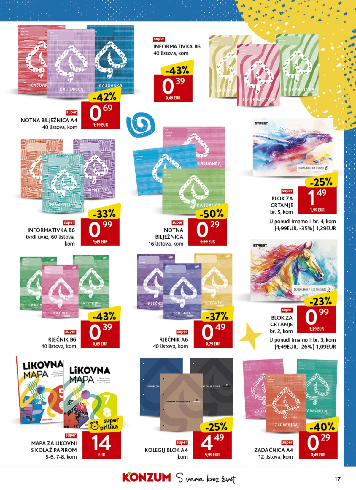Konzum školski katalog strana 17 – notne bilježnice, informatika, rječnici i blokovi za crtanje