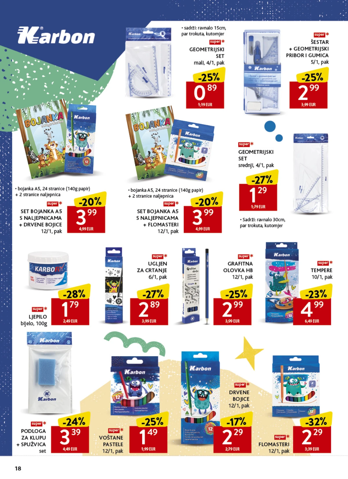 Konzum školski katalog strana 18 – Karbon bojice, flomasteri, geometrijski pribor i tempere