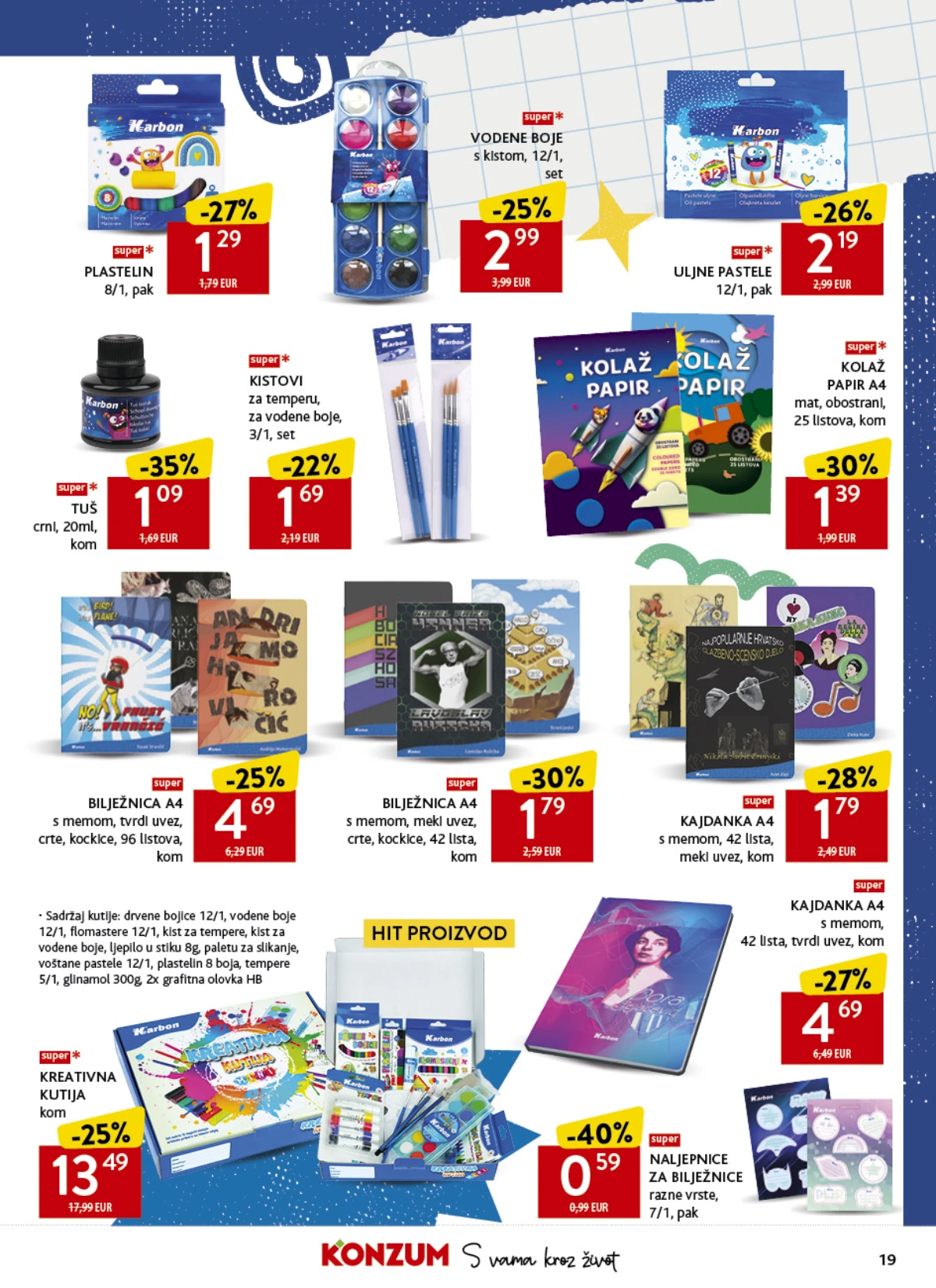 Konzum školski katalog strana 19 – Karbon plastelin, vodene boje, pastele, bilježnice i kreativni pribor