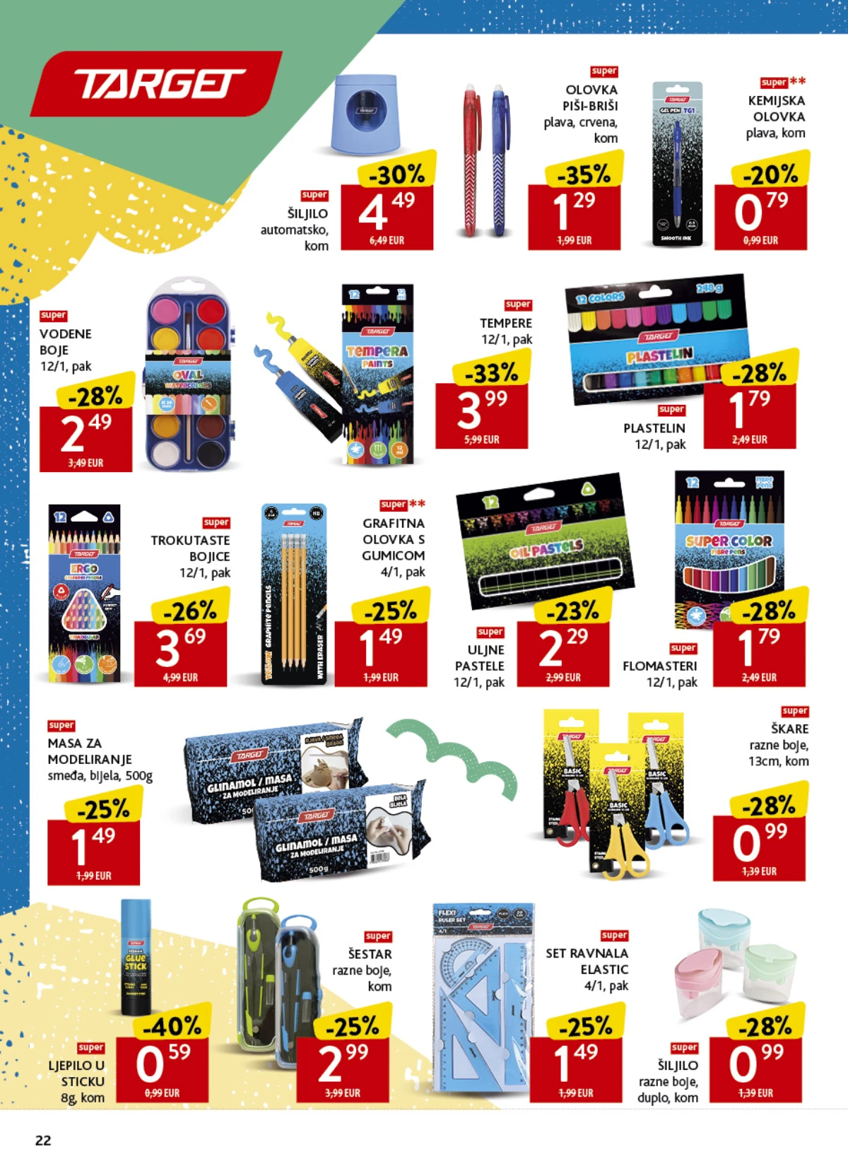 Konzum školski katalog strana 22 – Target bojice, flomasteri, tempere, plastelin i geometrijski pribor