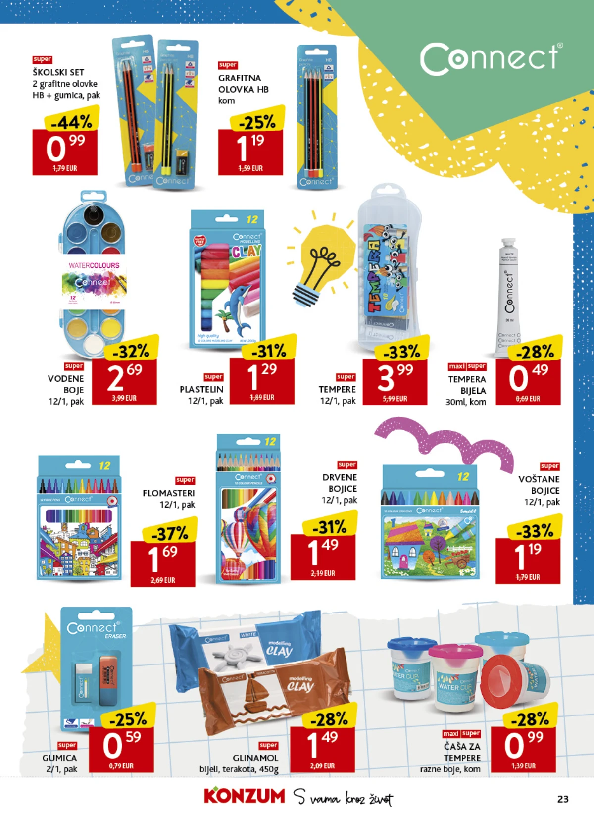 Konzum školski katalog strana 23 – Connect bojice, flomasteri, plastelin, tempere i školski pribor