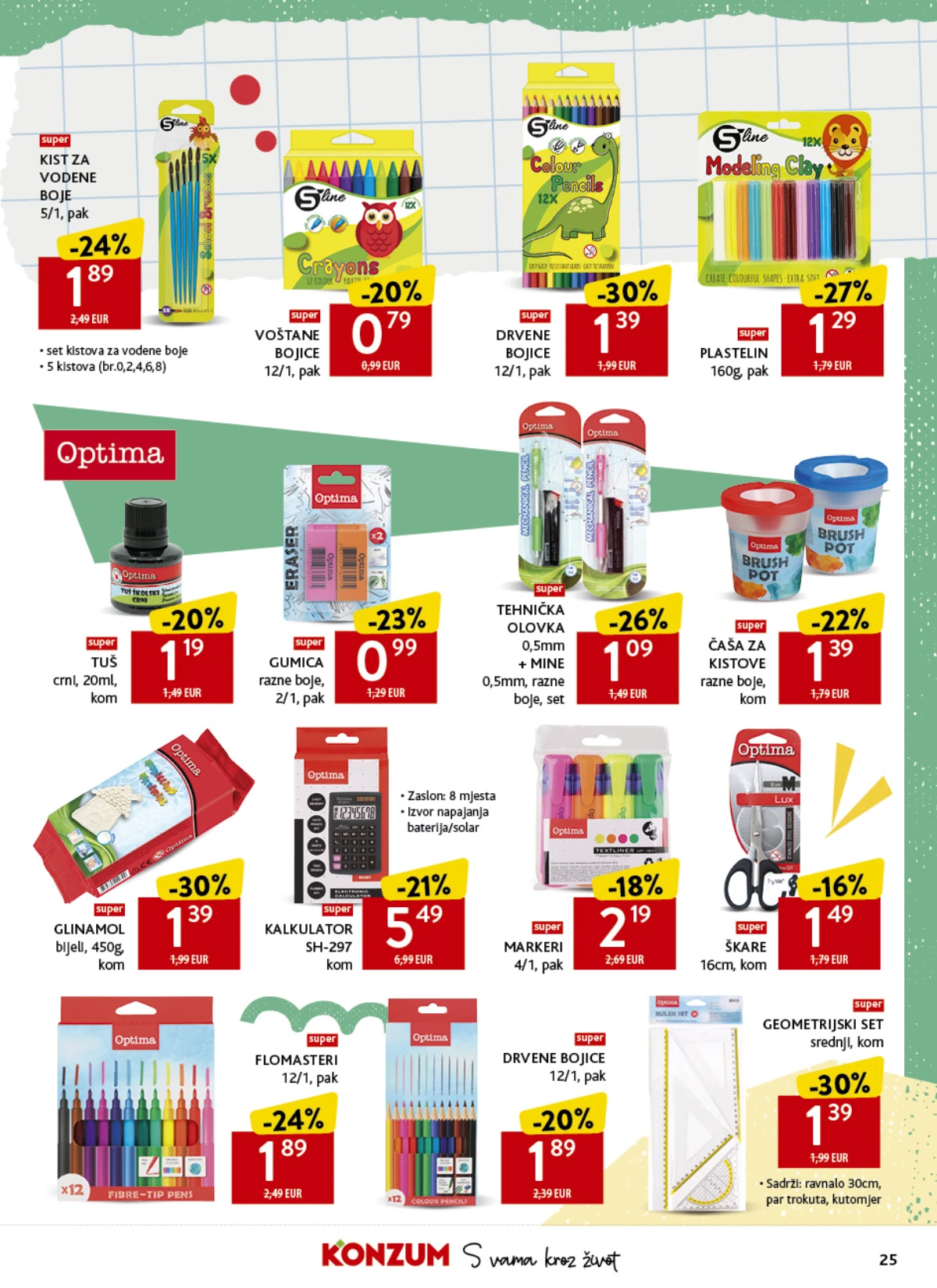 Konzum školski katalog strana 25 – S-Line i Optima bojice, flomasteri, plastelin i školski pribor