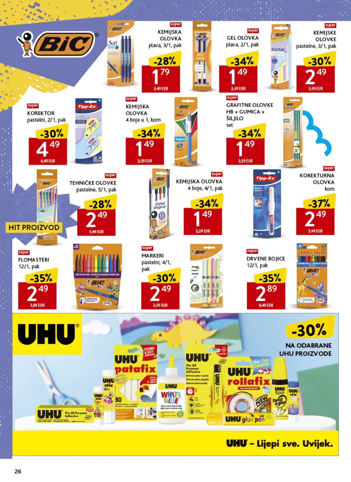 Konzum školski katalog strana 26 – BIC olovke, flomasteri, bojice i UHU ljepila