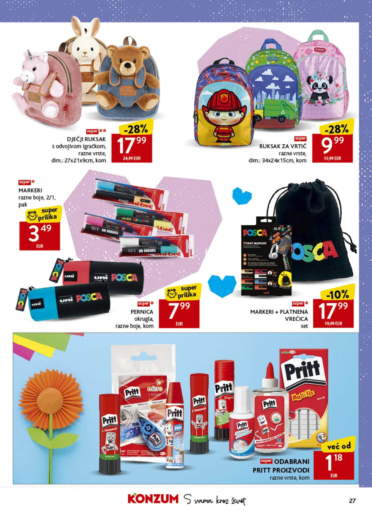 Konzum školski katalog strana 27 – dječji ruksaci, Posca markeri i Pritt proizvodi