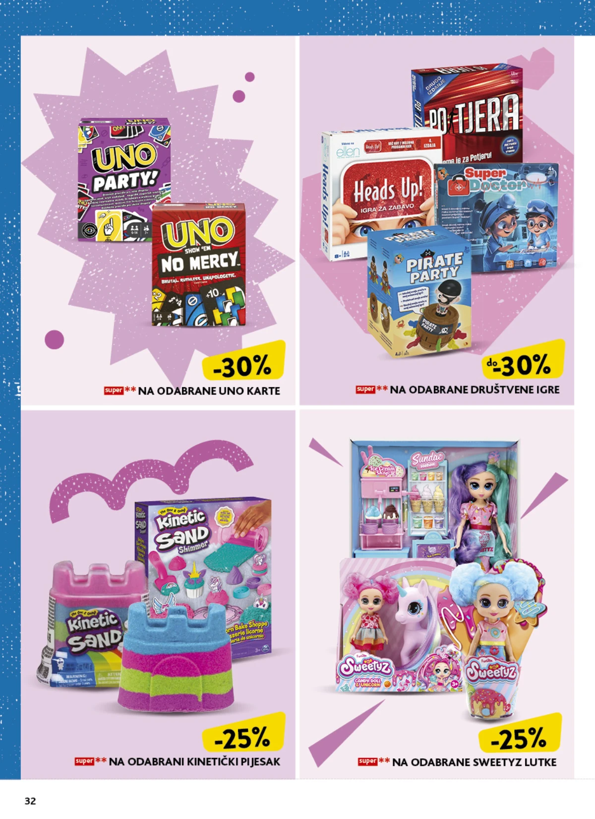 Konzum katalog strana 32 – UNO karte, društvene igre, kinetički pijesak i lutke