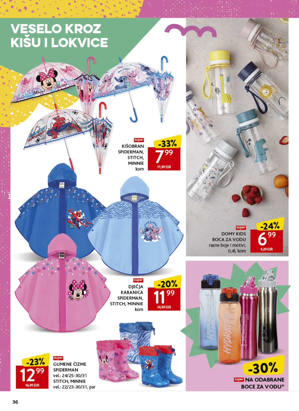Konzum katalog strana 36 – dječji kišobrani, kabanice, gumene čizme i boce za vodu