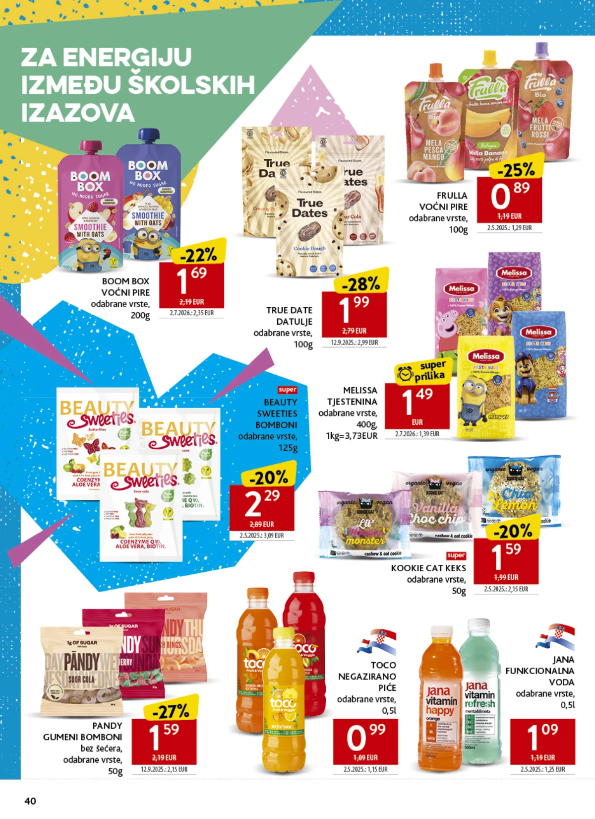 Konzum katalog strana 40 – voćni pirei, datulje, keksi, bomboni i napici za školsku užinu