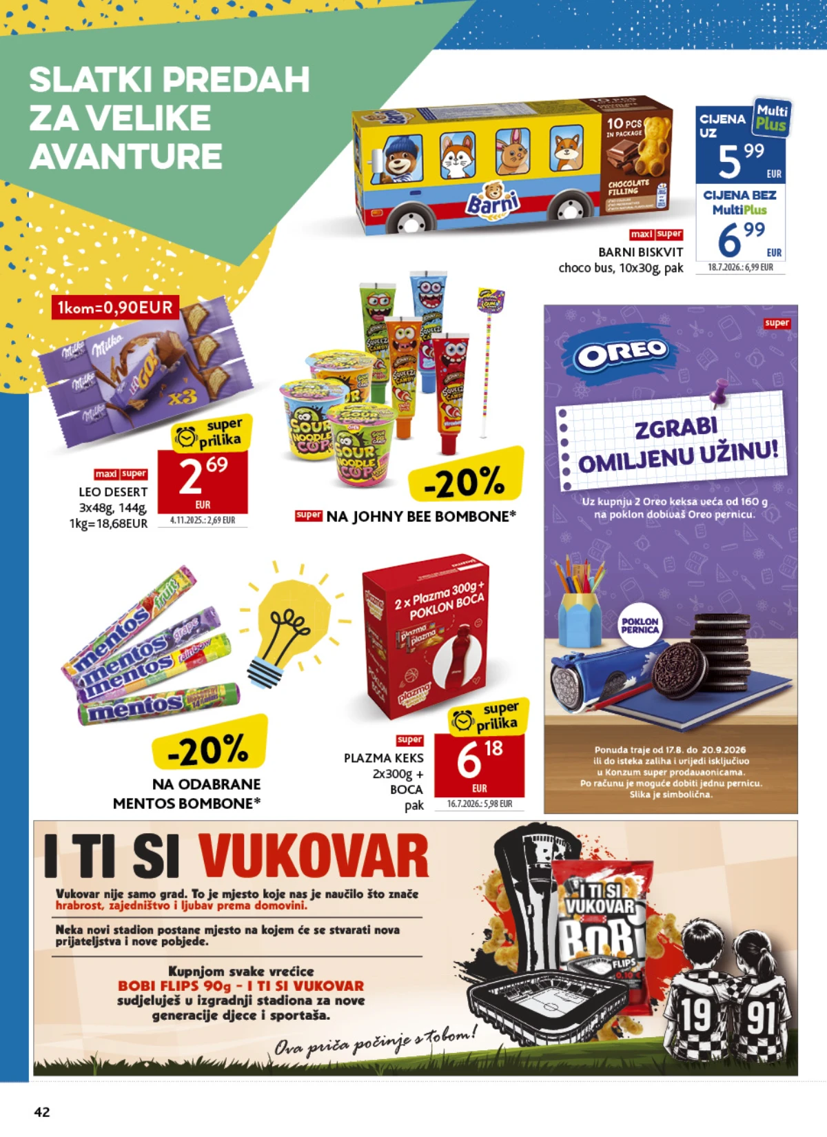 Konzum katalog strana 42 – Milka, Mentos, Plazma, Oreo i slatkiši za školsku užinu