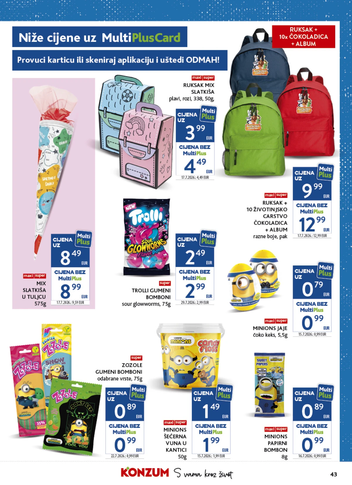 Konzum katalog strana 43 – MultiPlusCard ponuda ruksaka, slatkiša i Minions proizvoda