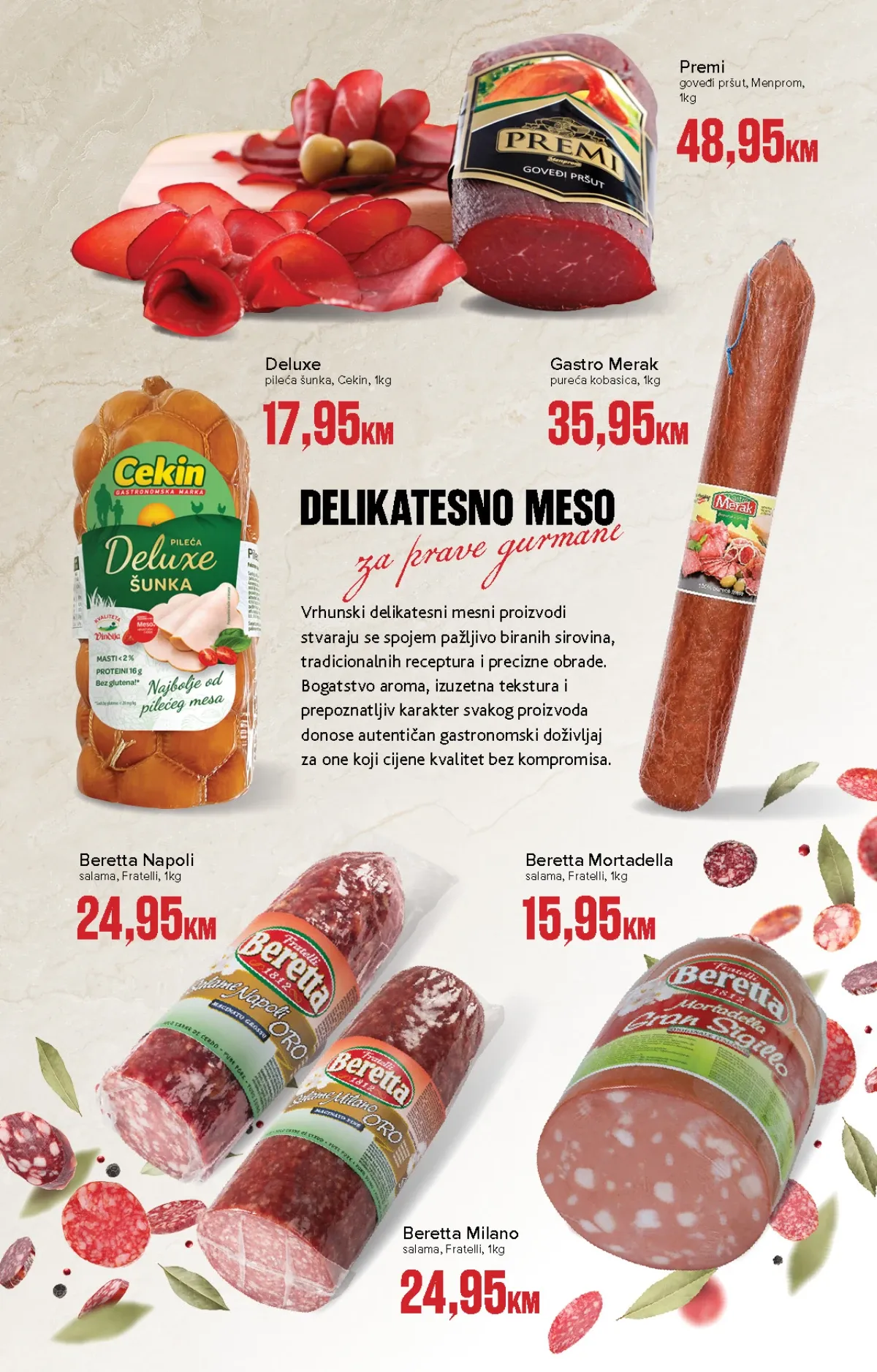 Konzum i Mercator premium katalog – pršut, pileća šunka, kobasice, salame i mortadela