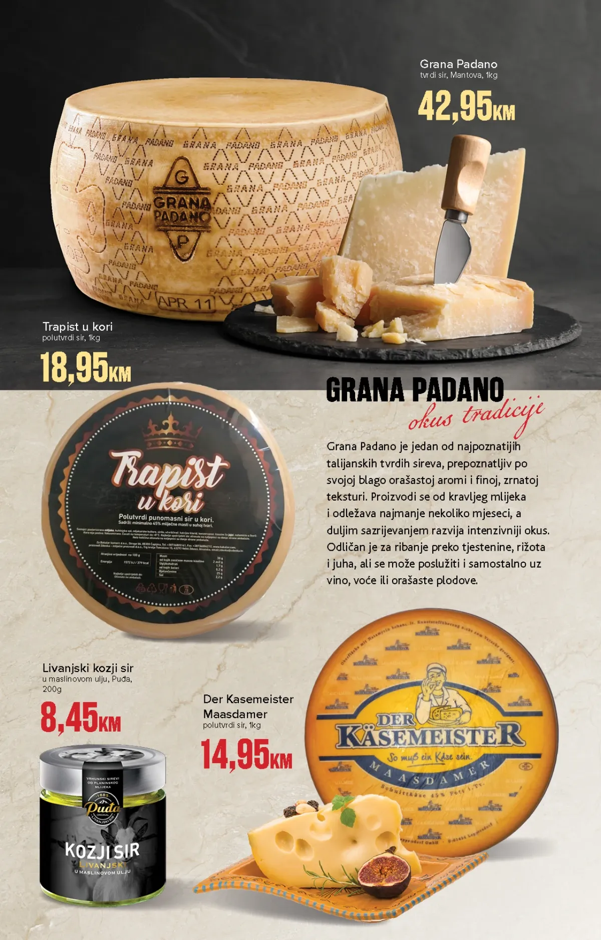 Konzum i Mercator premium katalog – Grana Padano, trapist, Livanjski kozji sir i Maasdammer