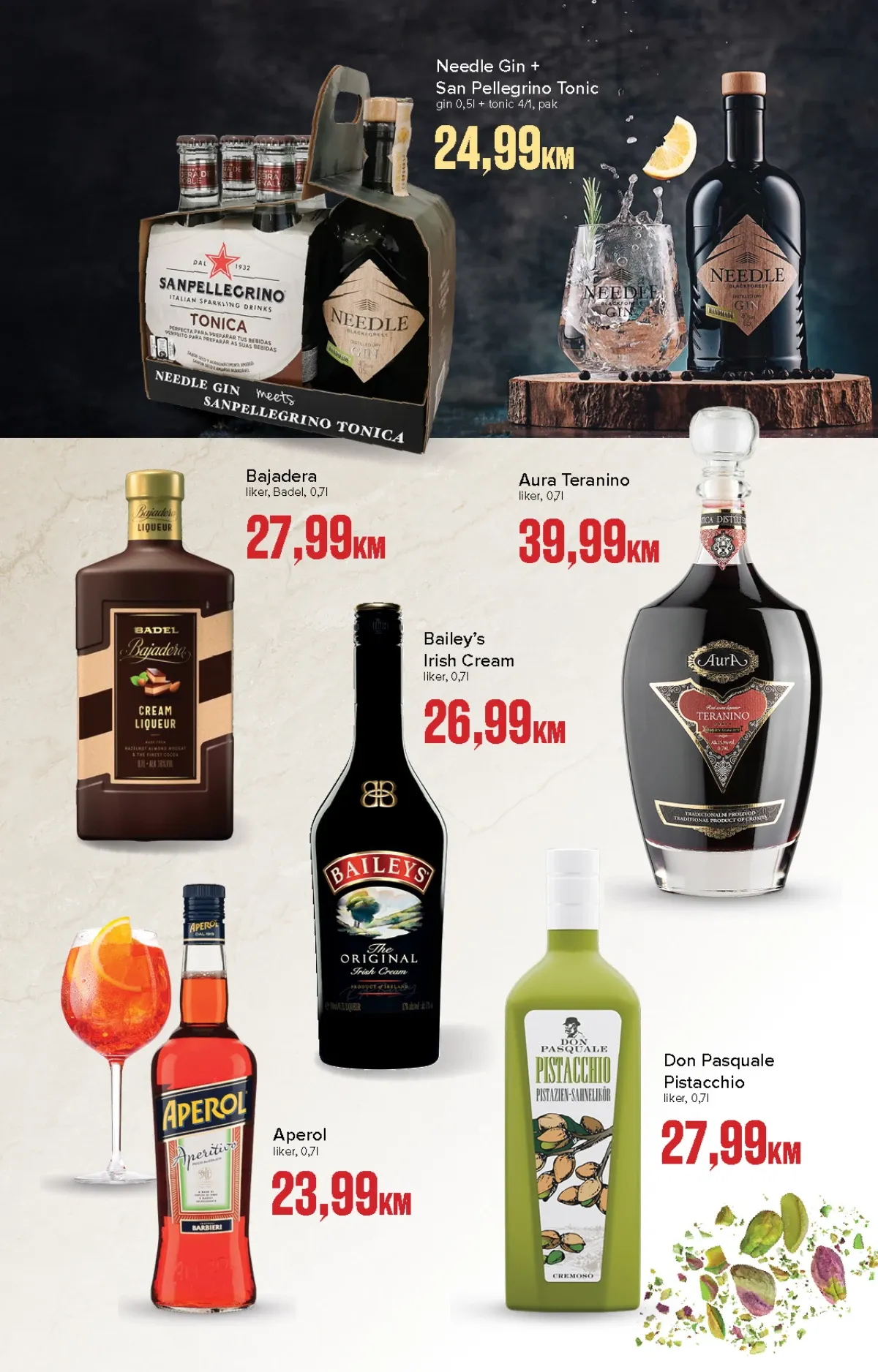 Konzum i Mercator premium katalog – Needle gin, Baileys, Aperol, Bajadera i Aura Teranino