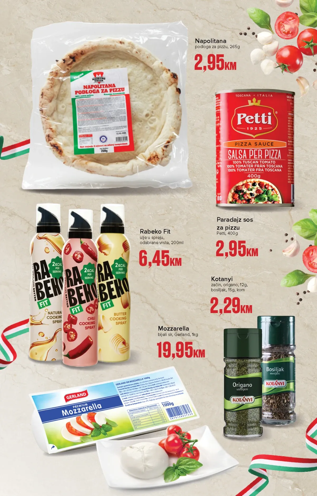 Konzum i Mercator premium katalog – podloga i sos za pizzu, mozzarella, začini i ulje u spreju
