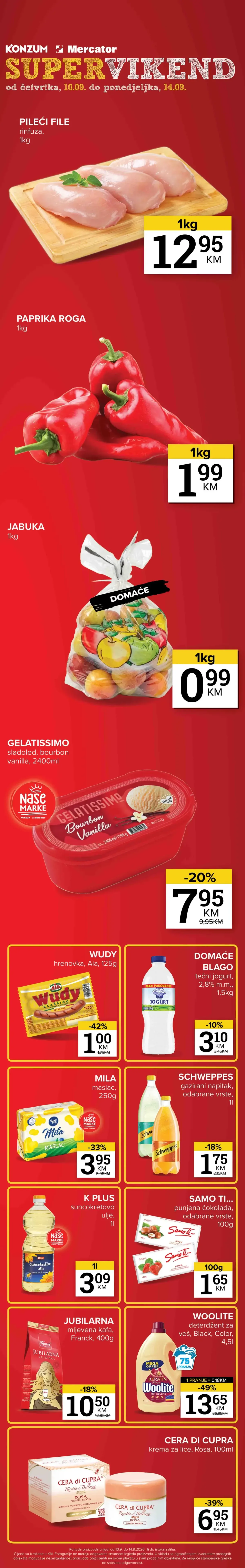 Konzum i Mercator Super vikend od 10.09. do 14.09.2026. donosi pileći file, papriku, jabuke, sladoled, mliječne proizvode, piće i deterdžente po sniženim cijenama