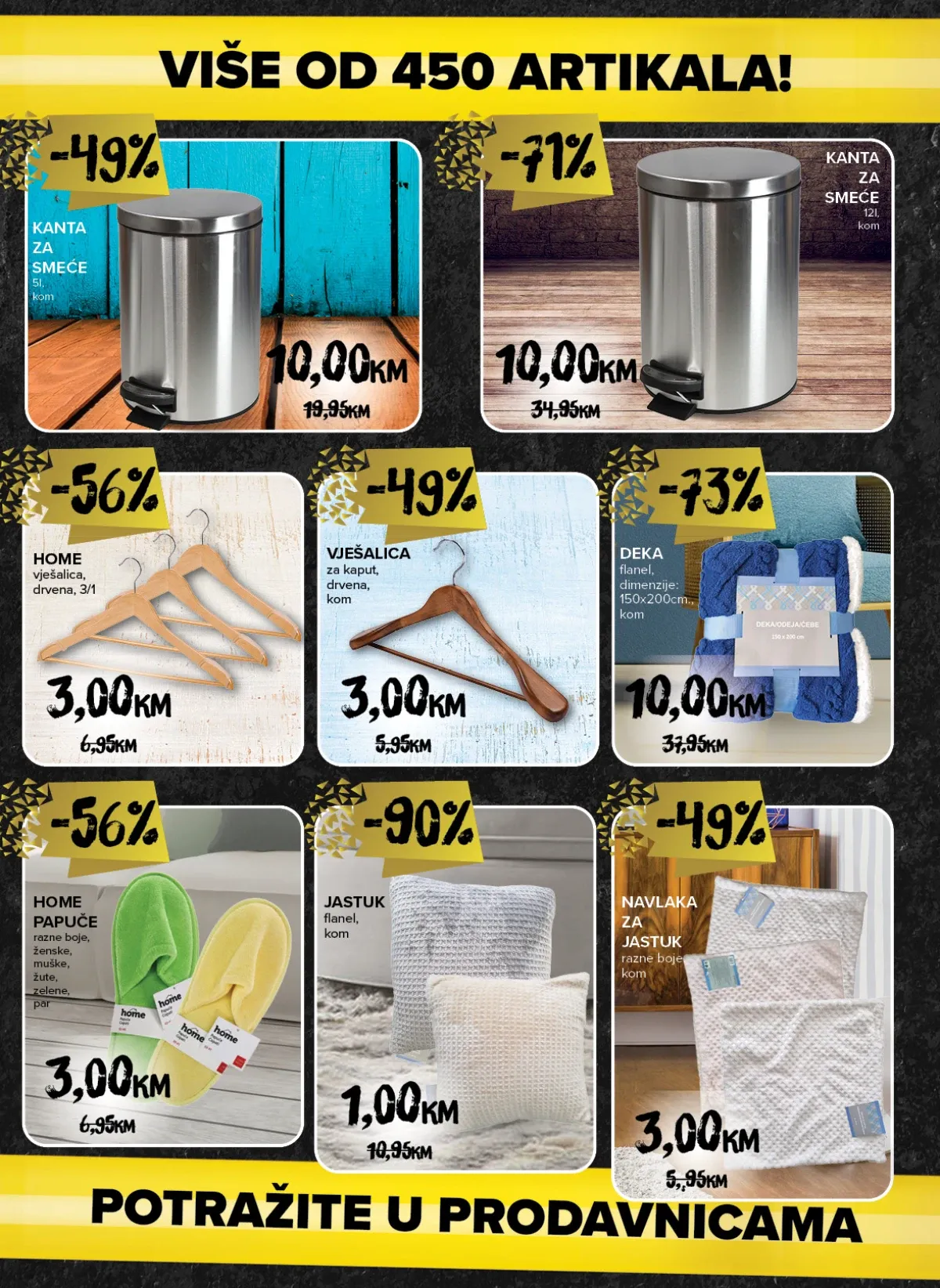 Konzum i Mercator proizvodi za domaćinstvo – jastuci, papuče, vješalice i kante