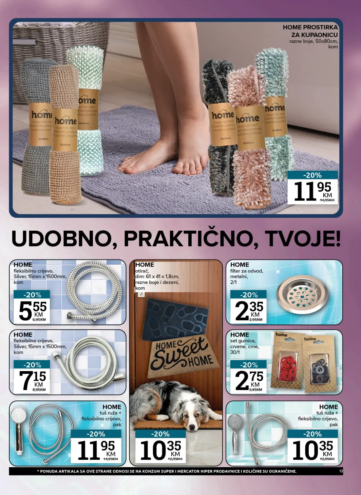 Konzum i Mercator kupaonski program – prostirke, ogledala, tuševi i otirači