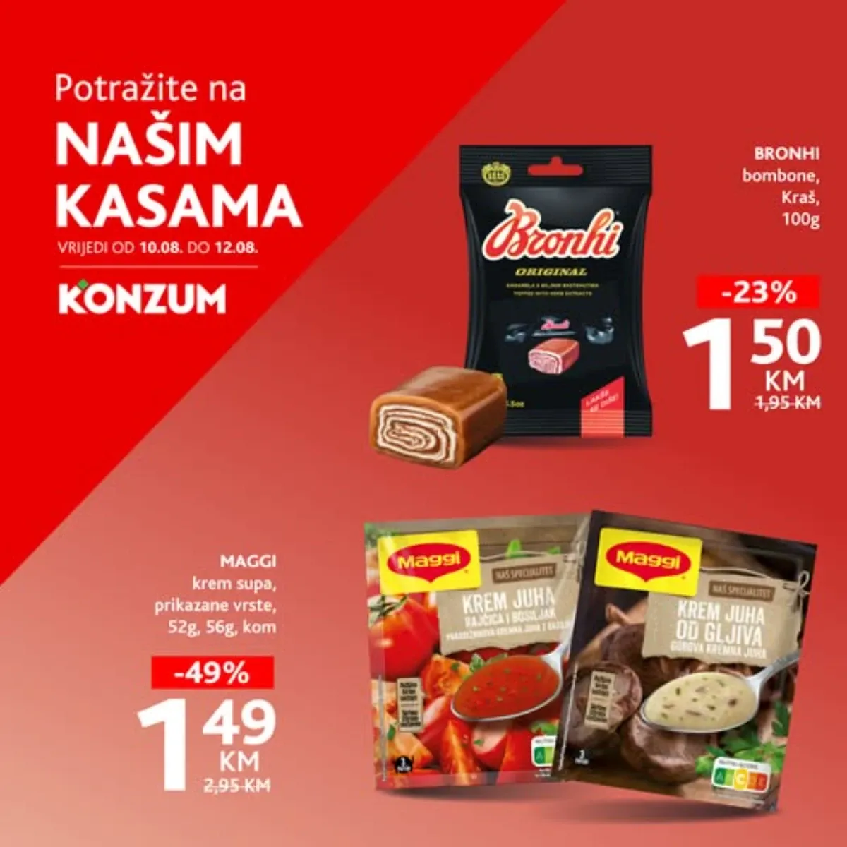 Konzum i Mercator TOP akcija od 10.08. do 12.08.2026. – Maggi krem juhe 1,49 KM i Bronhi bombone Kraš 100 g 1,50 KM