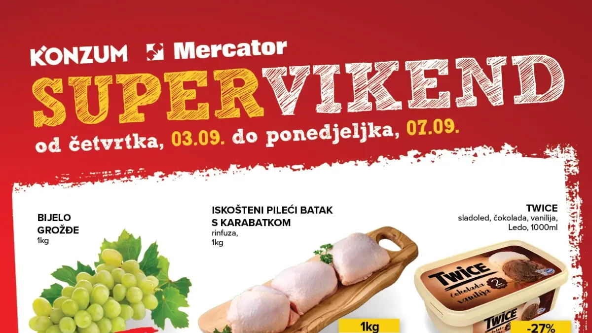 Konzum i Mercator Super vikend od 03.09. do 07.09.2026. uz sniženja hrane, pića, kućne hemije i pelena do 50%