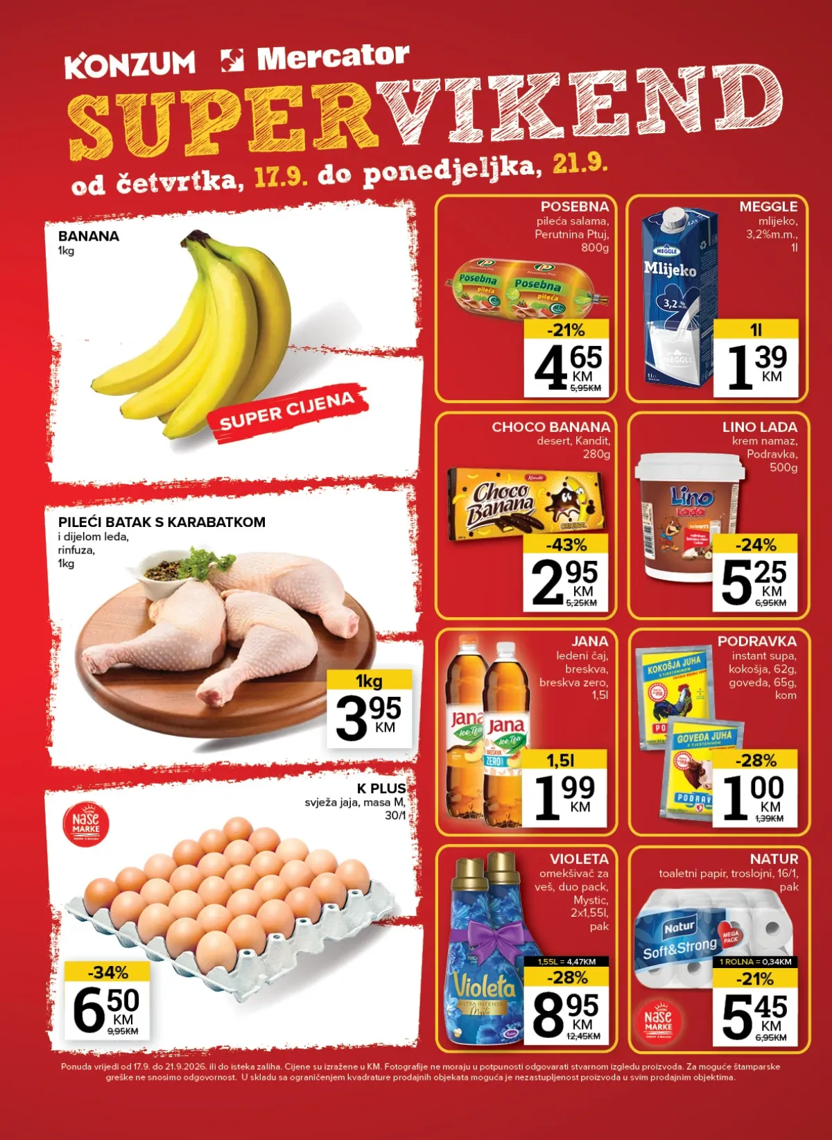Konzum i Mercator Super vikend od 17.09. do 21.09.2026. – pileći batak, jaja, mlijeko, salama, slatkiši, piće i kućne potrepštine po sniženim cijenama