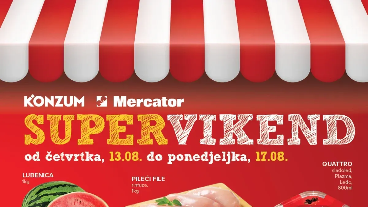 Konzum i Mercator SUPER VIKEND do 17.08.2026. donosi popuste do 47% na omekšivač, hrenovke, maslinovo ulje, Čokolino, sladoled i druge proizvode.