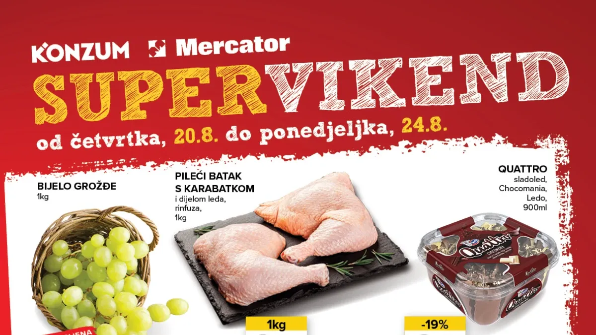 Konzum i Mercator SUPER VIKEND od 20.08. do 24.08.2026. donosi popuste do 37% na piletinu, jogurt, tunu, kafu, slatkiše i proizvode za domaćinstvo.