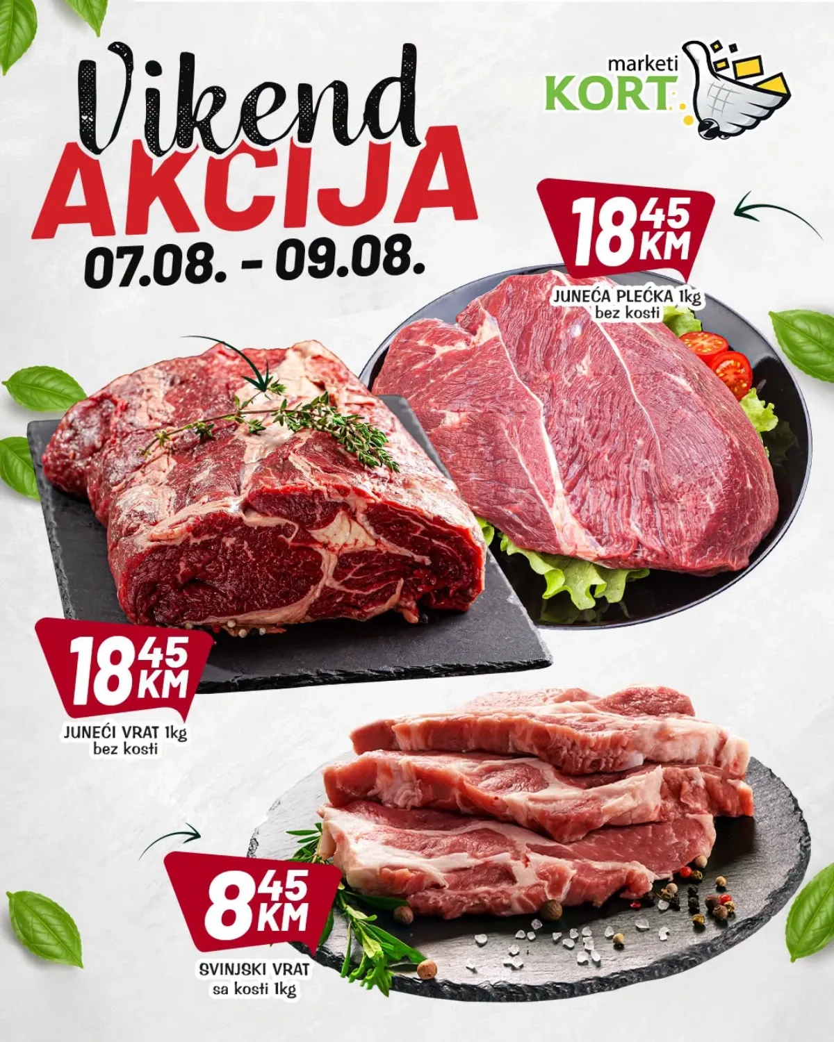 KORT Marketi vikend akcija do 09.08.2026. – junetina, svinjski vrat, voće, mliječni proizvodi, piće i proizvodi za domaćinstvo po akcijskim cijenama