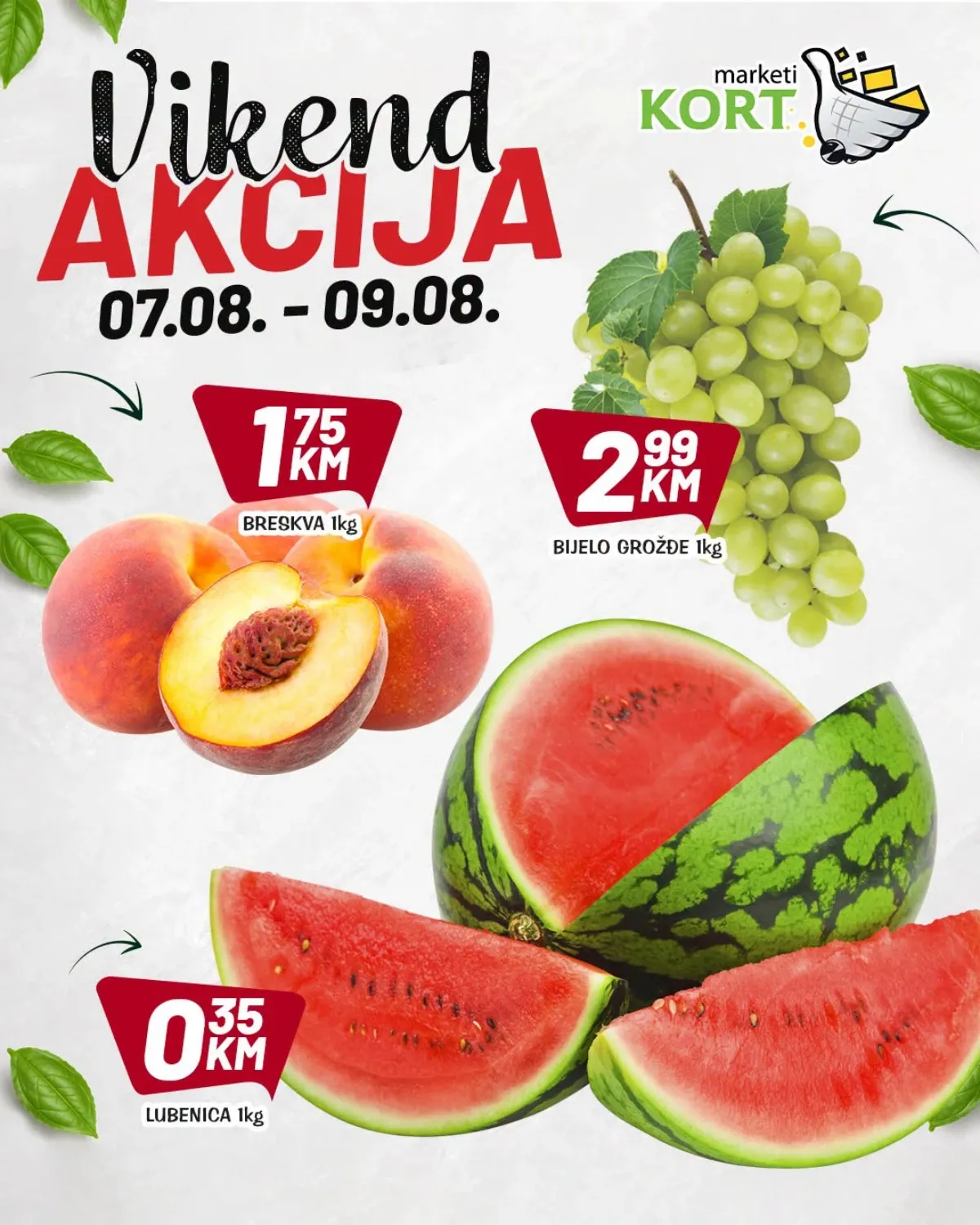 KORT Marketi vikend akcija – lubenica 0,35 KM, breskva 1,75 KM i bijelo grožđe 2,99 KM po kilogramu