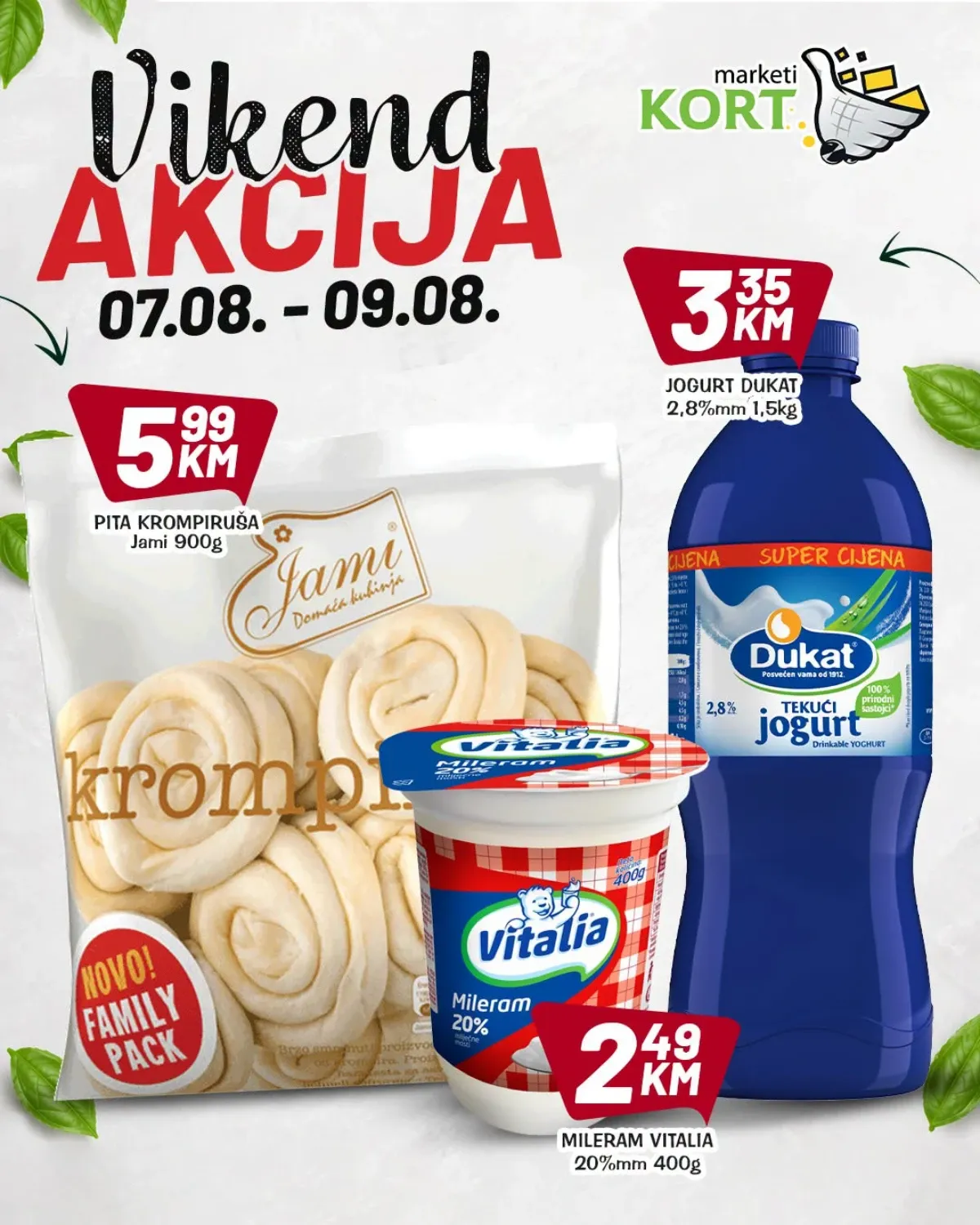 KORT Marketi vikend akcija – Dukat jogurt 1,5 kg za 3,35 KM, Vitalia mileram 400 g za 2,49 KM i Jami pita krompiruša 900 g za 5,99 KM