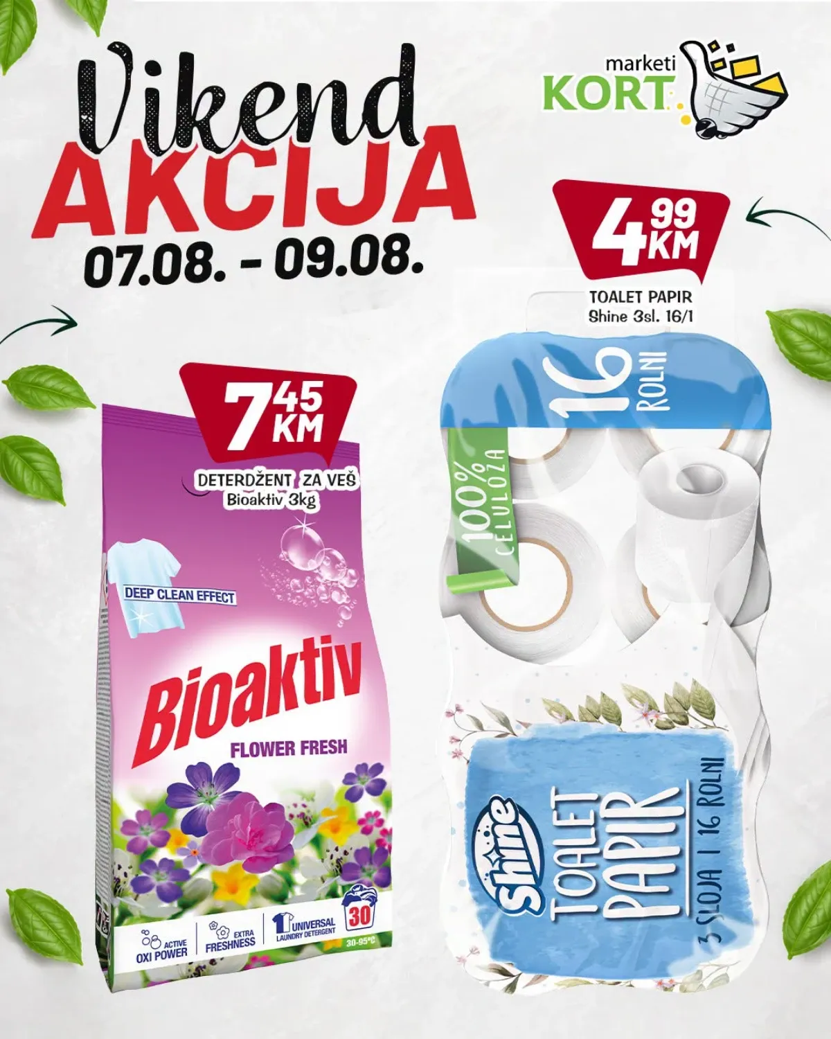 KORT Marketi vikend akcija – Bioaktiv deterdžent za veš 3 kg za 7,45 KM i Shine toalet papir 16 rolni za 4,99 KM