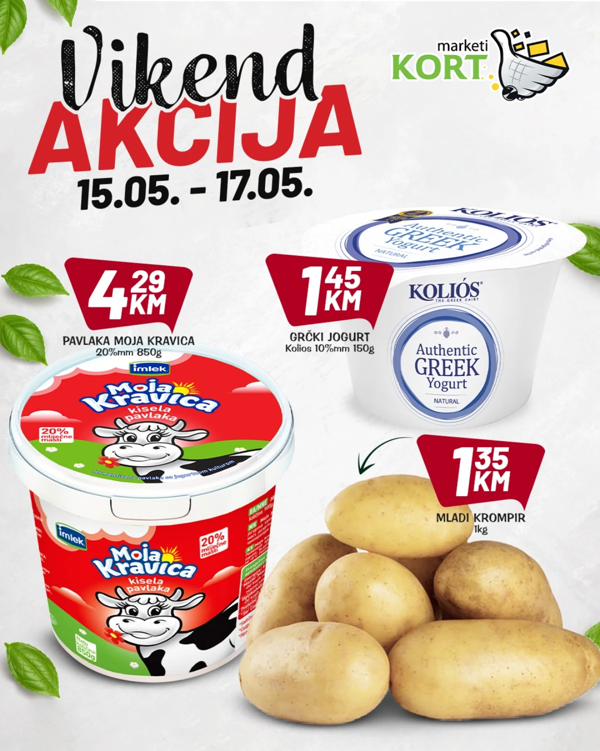 Kort katalog maj 2026 – pavlaka Moja Kravica 4,29 KM, grčki jogurt 1,45 KM i mladi krompir 1,35 KM