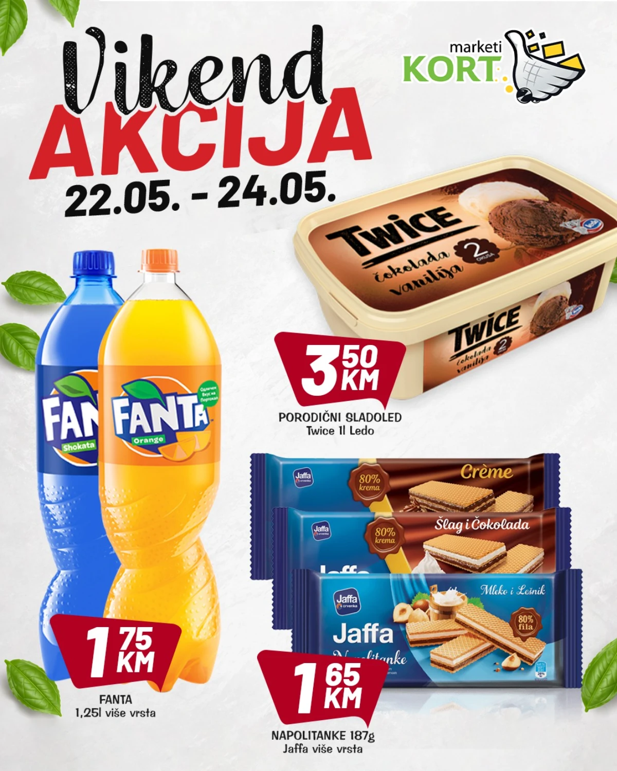 Kort katalog maj 2026 – sladoled Twice 3,50 KM, Fanta 1,75 KM i Jaffa napolitanke 1,65 KM