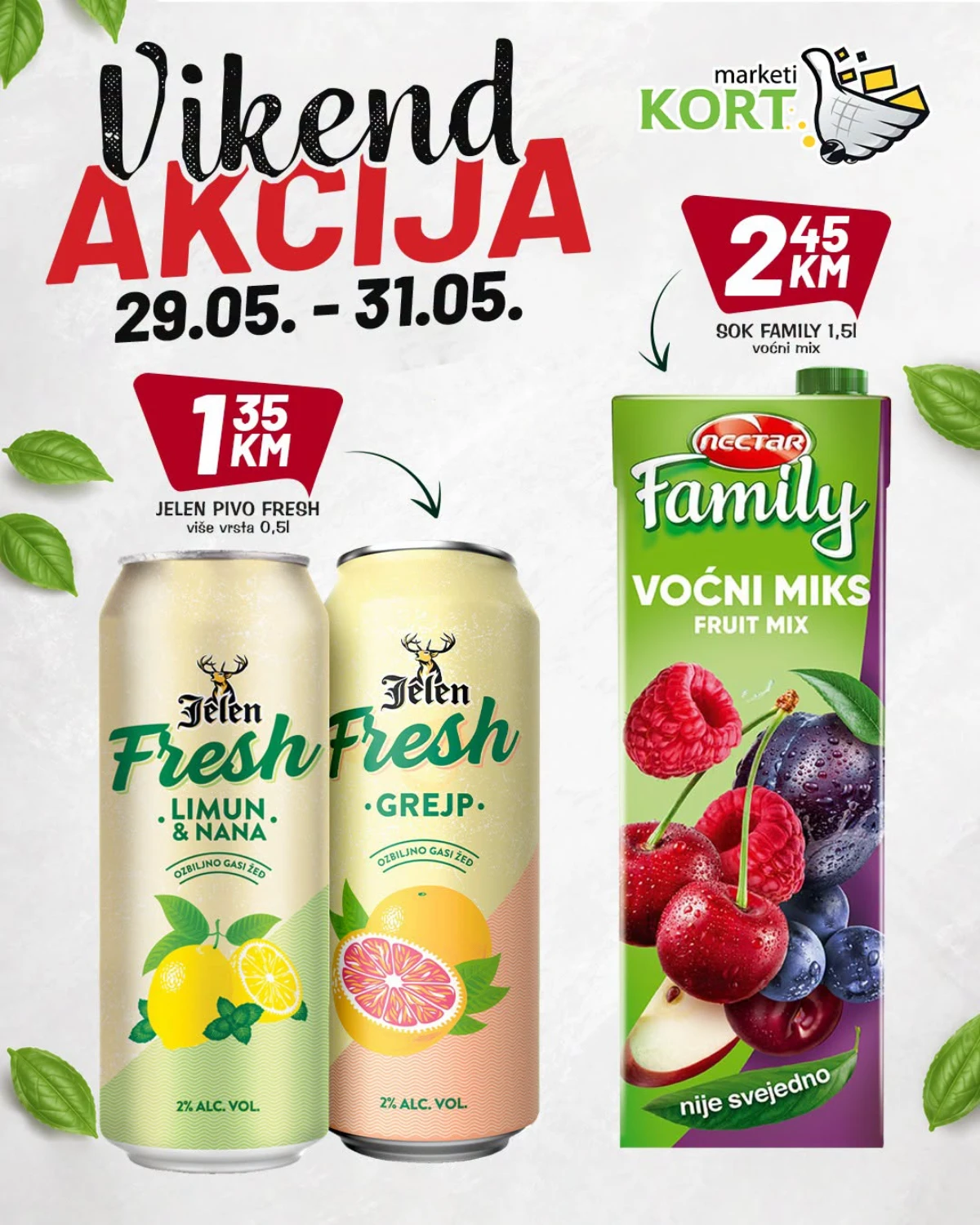 Kort vikend akcija do 31.05.2026 – Duel omekšivač, Bioaktiv deterdžent i vreće za smeće Kort Marketi katalog maj 2026 – Duel omekšivač 8,95 KM, Bioaktiv deterdžent 10,95 KM i vreće za smeće 1,75 KM