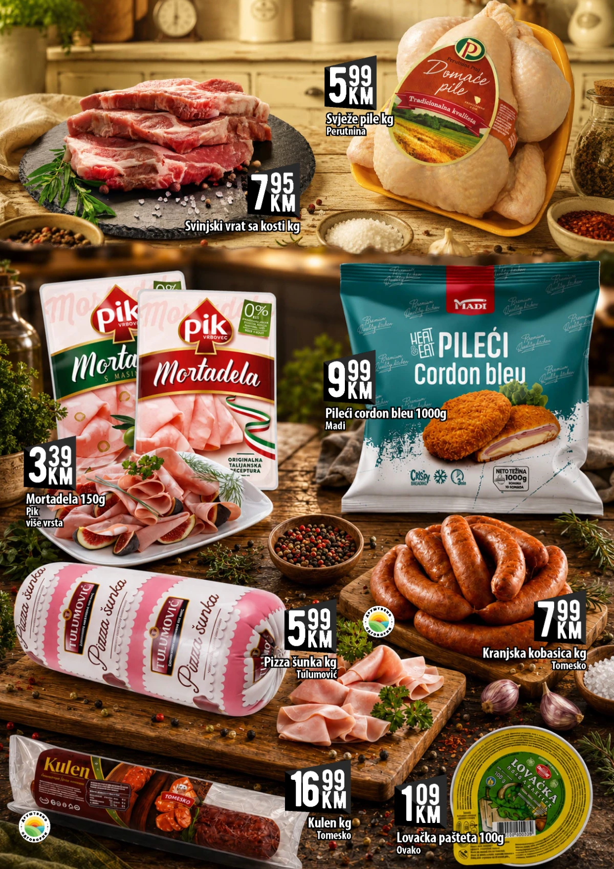 Kort Market katalog strana 2 – svježe meso, pile, kulen, pizza šunka i mesne prerađevine na akciji
