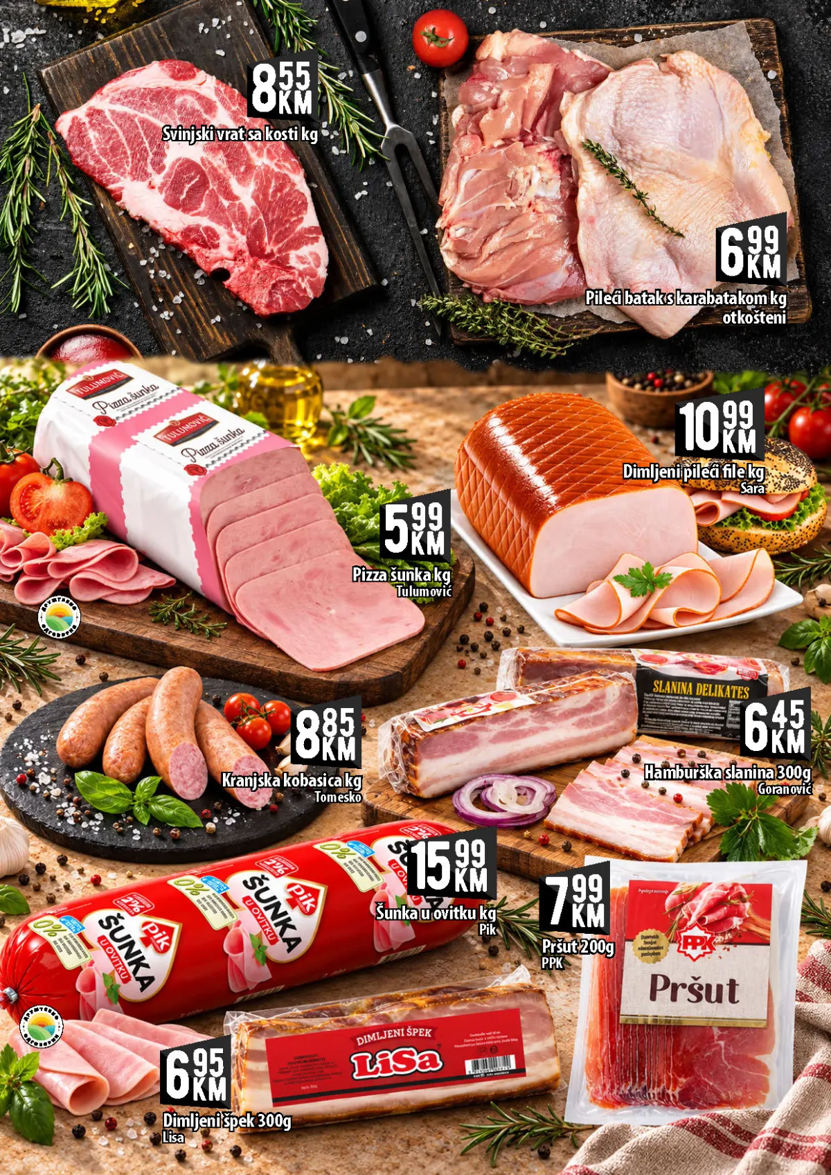 KORT katalog, stranica 2 – svinjski vrat s kosti 8,55 KM/kg i otkošteni pileći batak s karabatakom 6,99 KM/kg