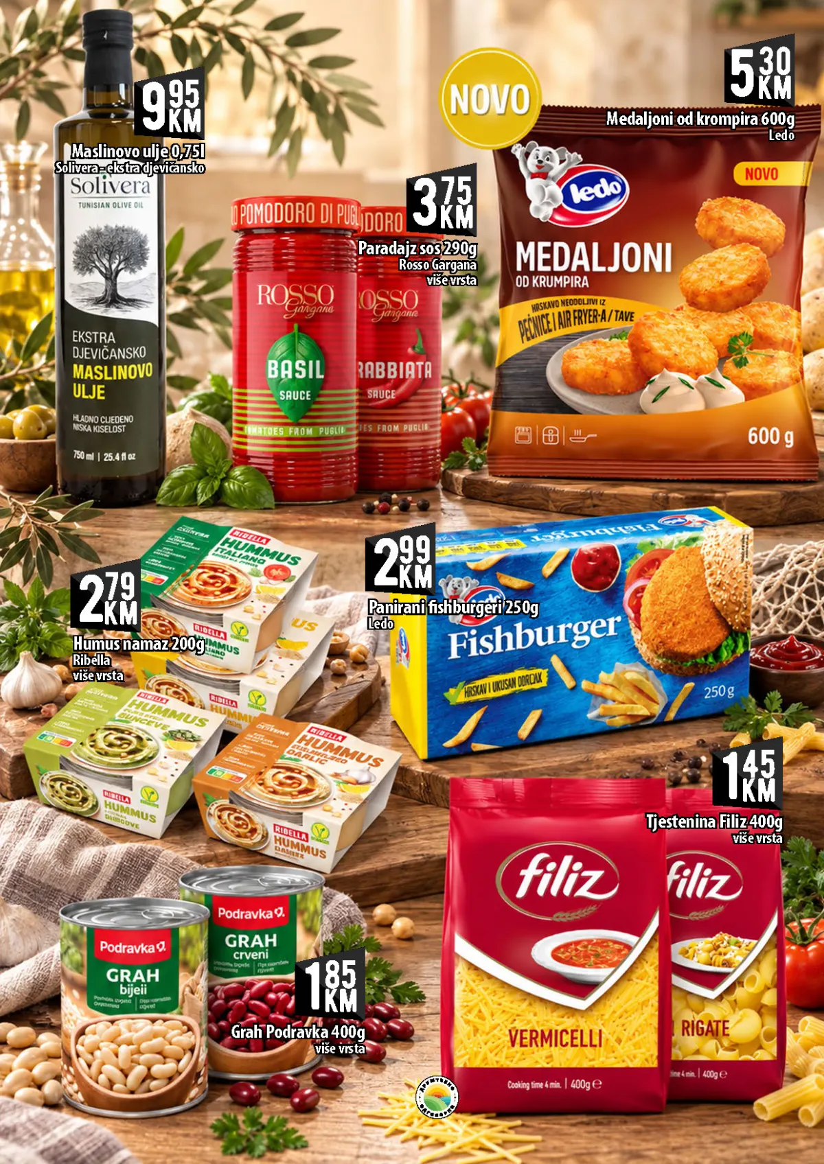 KORT katalog, stranica 7 – maslinovo ulje Solivera 0,75 l za 9,95 KM i tjestenina Filiz 400 g za 1,45 KM