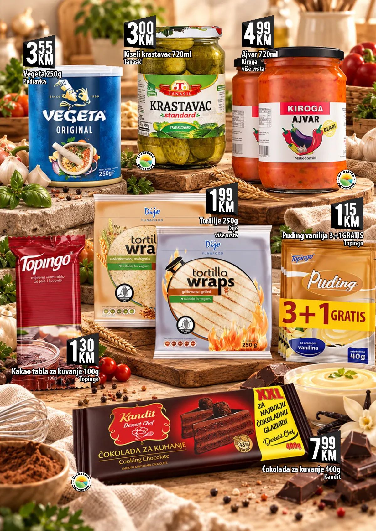 KORT katalog, stranica 9 – kiseli krastavac Tanasić 720 ml za 3,00 KM i ajvar Kiroga 720 ml za 4,99 KM