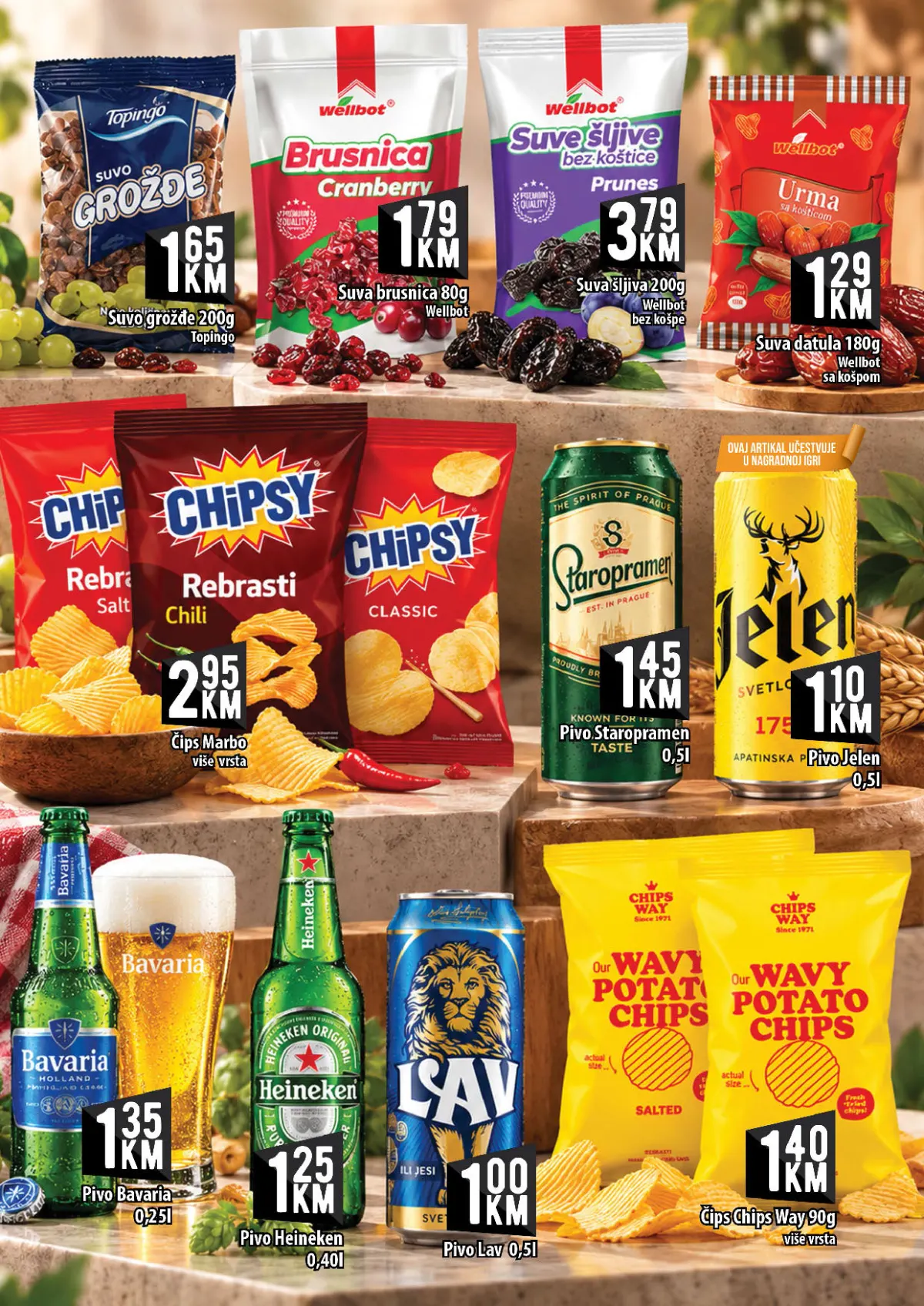 KORT katalog, stranica 12 – suho grožđe Topingo 200 g za 1,65 KM i čips Chips Way 90 g za 1,40 KM