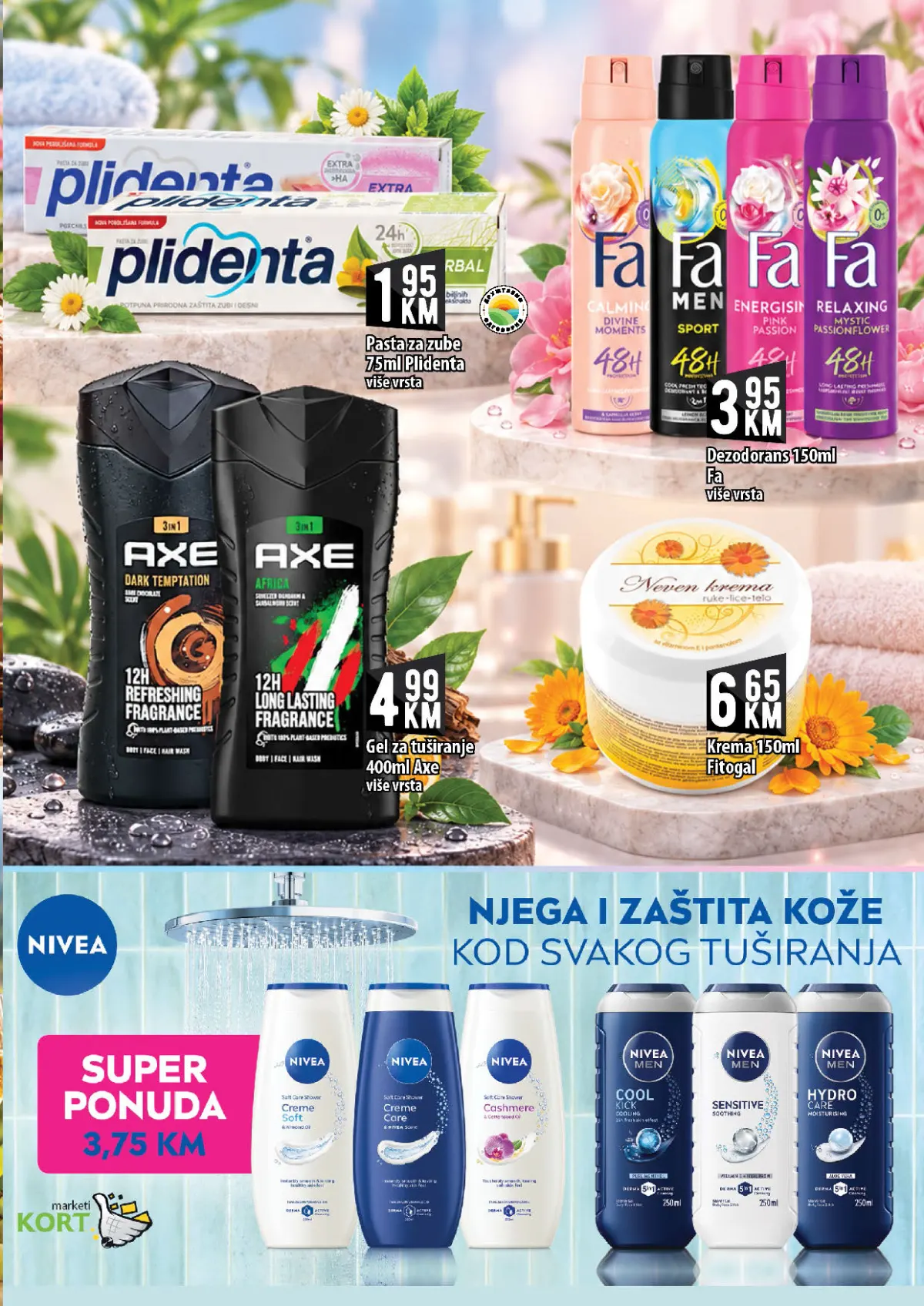 KORT katalog, stranica 15 – pasta za zube Plidenta 75 ml za 1,95 KM i gel za tuširanje Axe 400 ml za 4,99 KM