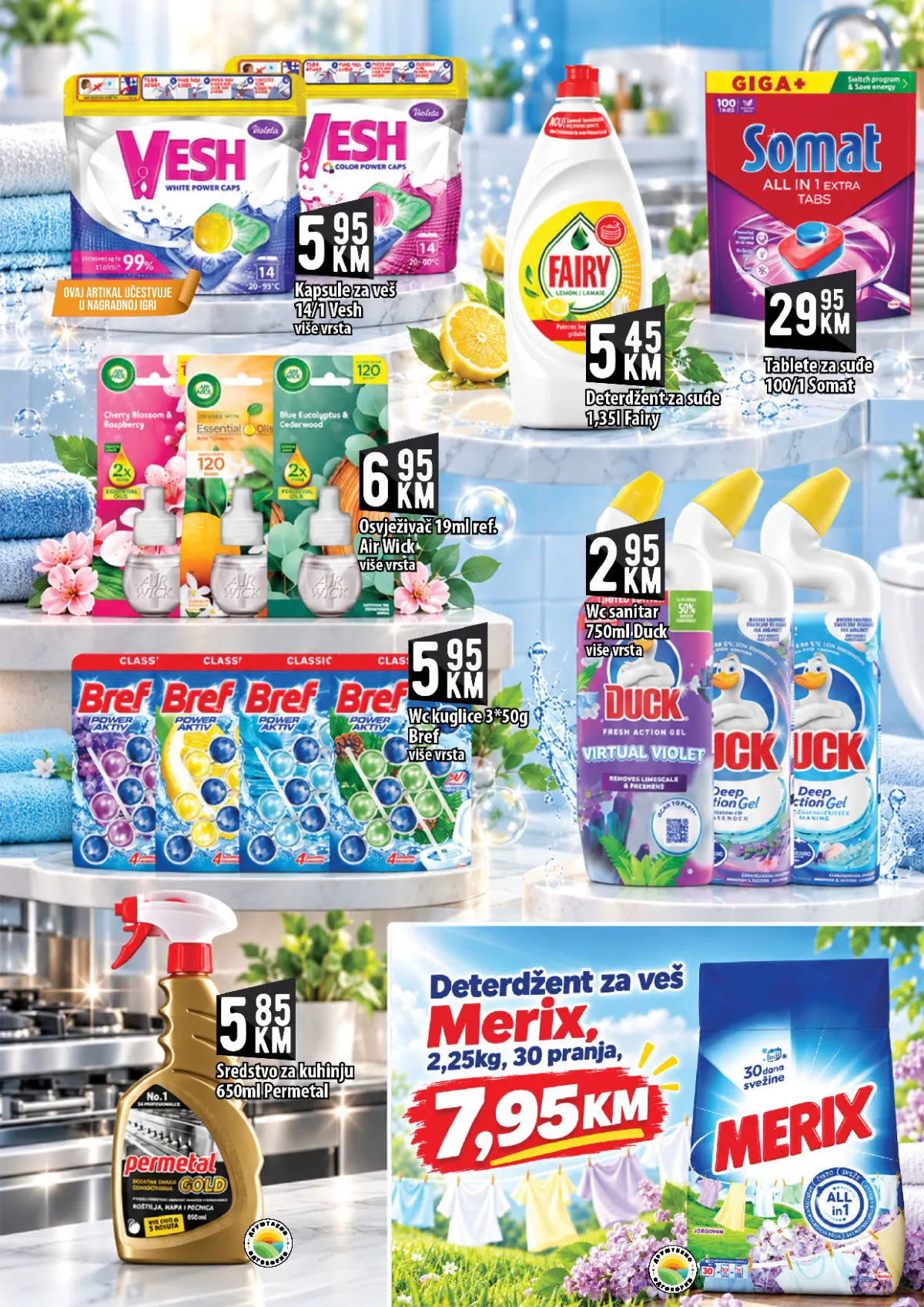 KORT katalog, stranica 17 – deterdžent Merix 2,25 kg za 7,95 KM i deterdžent za suđe Fairy 1,35 l za 5,45 KM