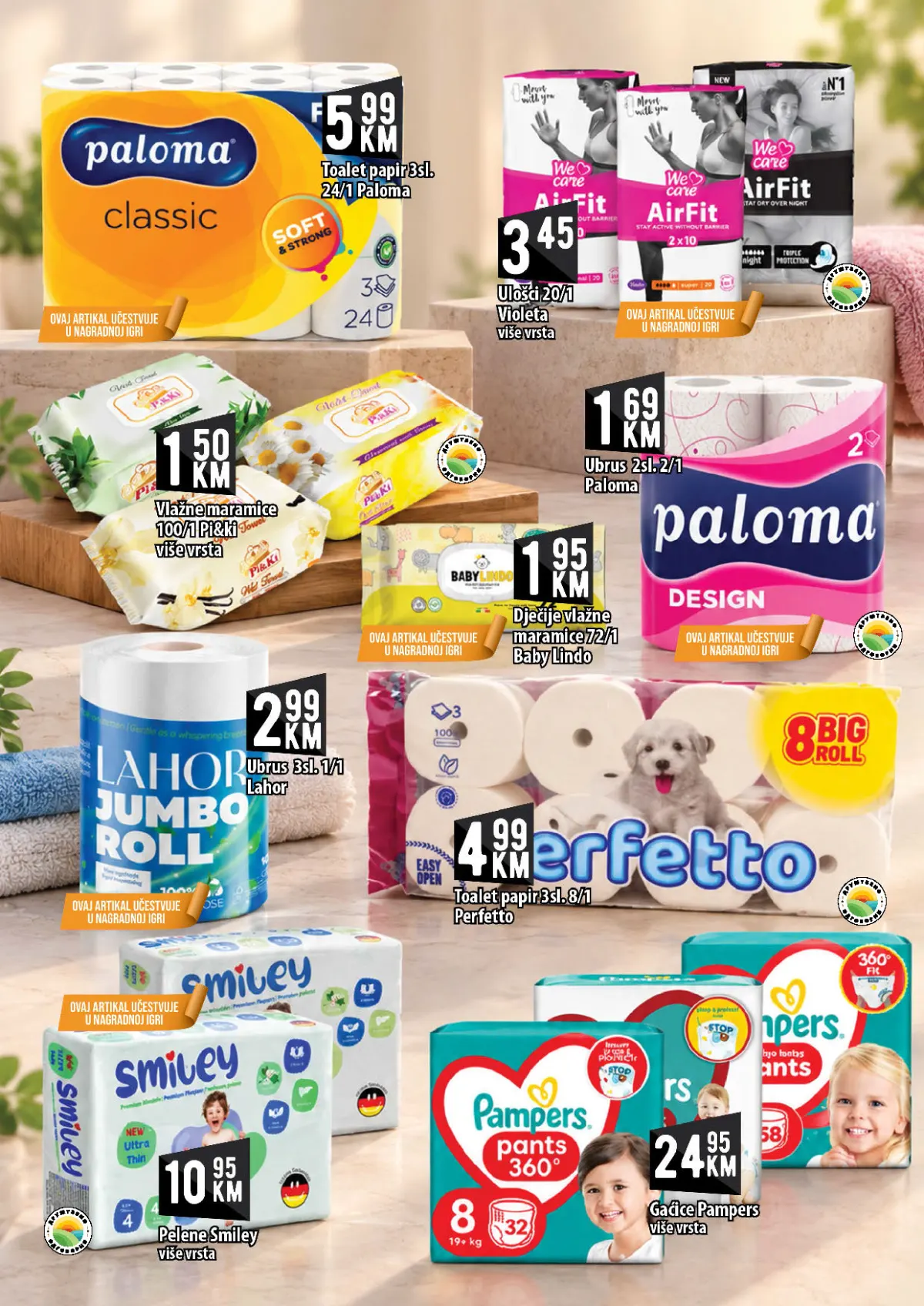 KORT katalog, stranica 19 – troslojni toaletni papir Paloma 24 rolne za 5,99 KM i pelene Smiley za 10,95 KM